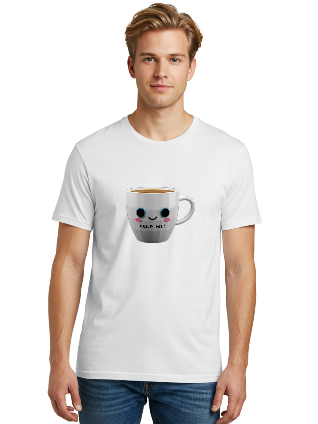 Help-Me-9 Men'S Graphic Tee, 100% Cotton, Comfortable Casual Summer Wear, Machine Washable, Cute Coffee Cup, Cartoon Character, Coffee Break, Funny Design, Animated Mug, Humorous Illustration, Coffee Humor, Cute Design, Coffee Lover Bac049