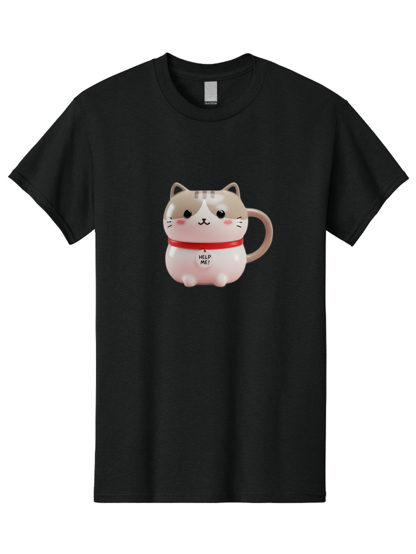 Help-Me-Cat-Mug Men'S Graphic Tee, 100% Cotton, Comfortable Casual Summer Wear, Machine Washable, Cute Cat Mug, Funny Cat Design, Help Me Text, Pink Cat, Red Collar, Cat Lover Gift, Kawaii Cat, Novelty Mug, Cat Figurine Bac050