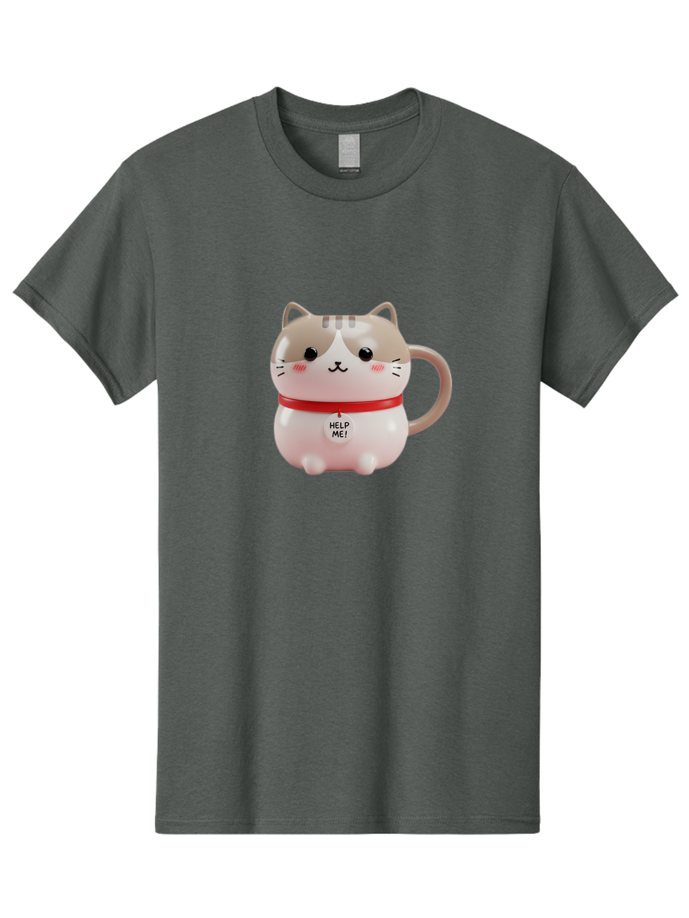 Help-Me-Cat-Mug Men'S Graphic Tee, 100% Cotton, Comfortable Casual Summer Wear, Machine Washable, Cute Cat Mug, Funny Cat Design, Help Me Text, Pink Cat, Red Collar, Cat Lover Gift, Kawaii Cat, Novelty Mug, Cat Figurine Bac050