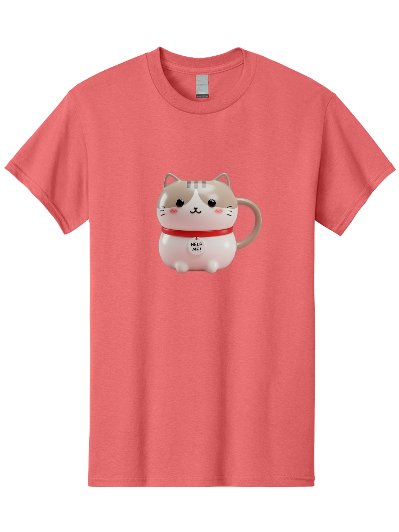 Help-Me-Cat-Mug Men'S Graphic Tee, 100% Cotton, Comfortable Casual Summer Wear, Machine Washable, Cute Cat Mug, Funny Cat Design, Help Me Text, Pink Cat, Red Collar, Cat Lover Gift, Kawaii Cat, Novelty Mug, Cat Figurine Bac050