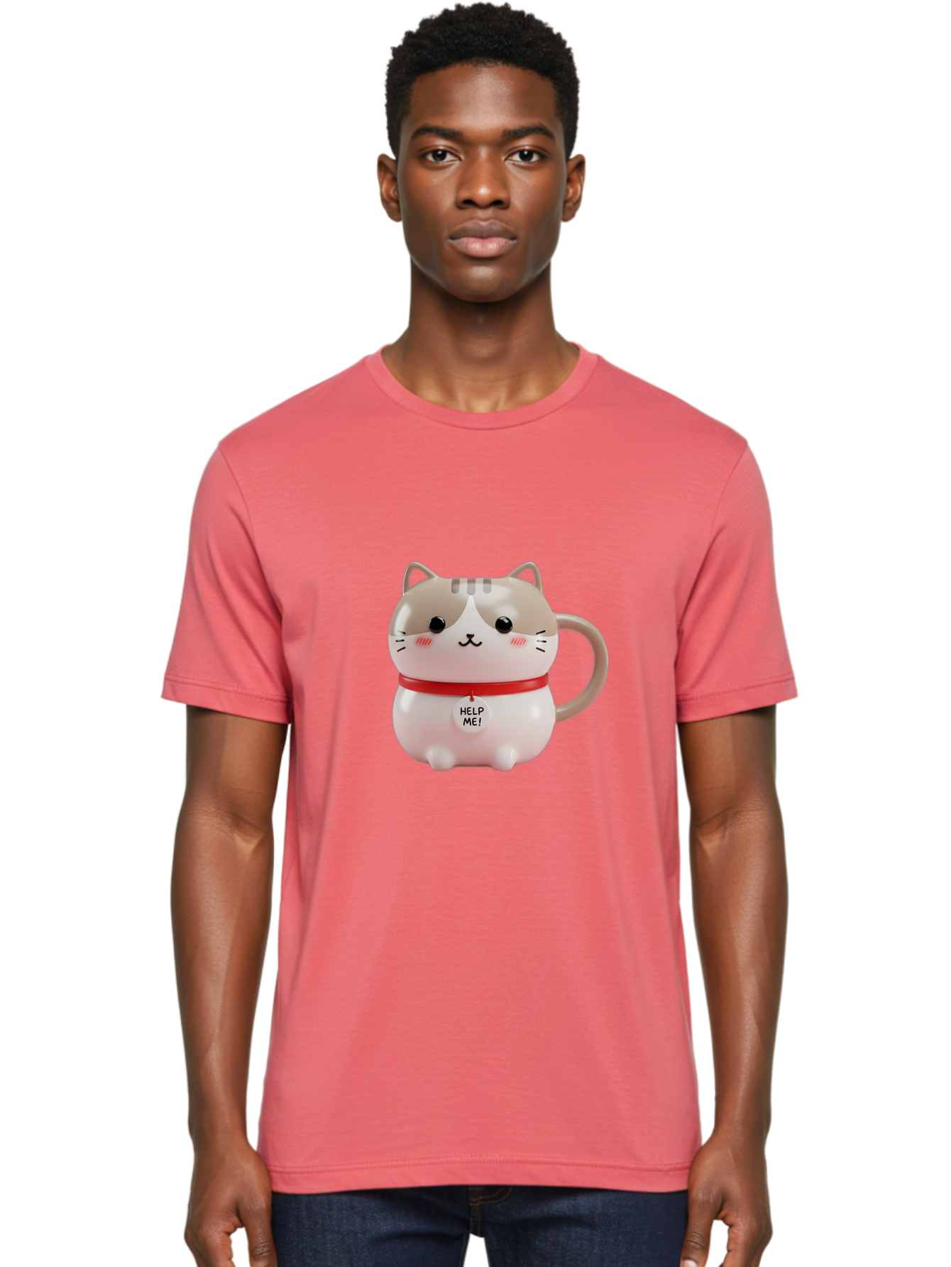 Help-Me-Cat-Mug Men'S Graphic Tee, 100% Cotton, Comfortable Casual Summer Wear, Machine Washable, Cute Cat Mug, Funny Cat Design, Help Me Text, Pink Cat, Red Collar, Cat Lover Gift, Kawaii Cat, Novelty Mug, Cat Figurine Bac050