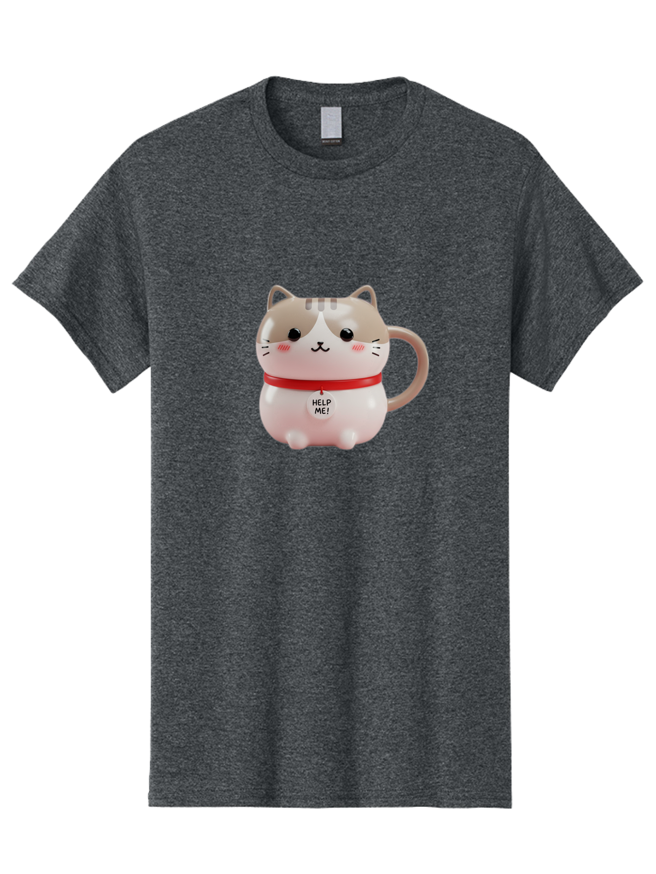 Help-Me-Cat-Mug Men'S Graphic Tee, 100% Cotton, Comfortable Casual Summer Wear, Machine Washable, Cute Cat Mug, Funny Cat Design, Help Me Text, Pink Cat, Red Collar, Cat Lover Gift, Kawaii Cat, Novelty Mug, Cat Figurine Bac050