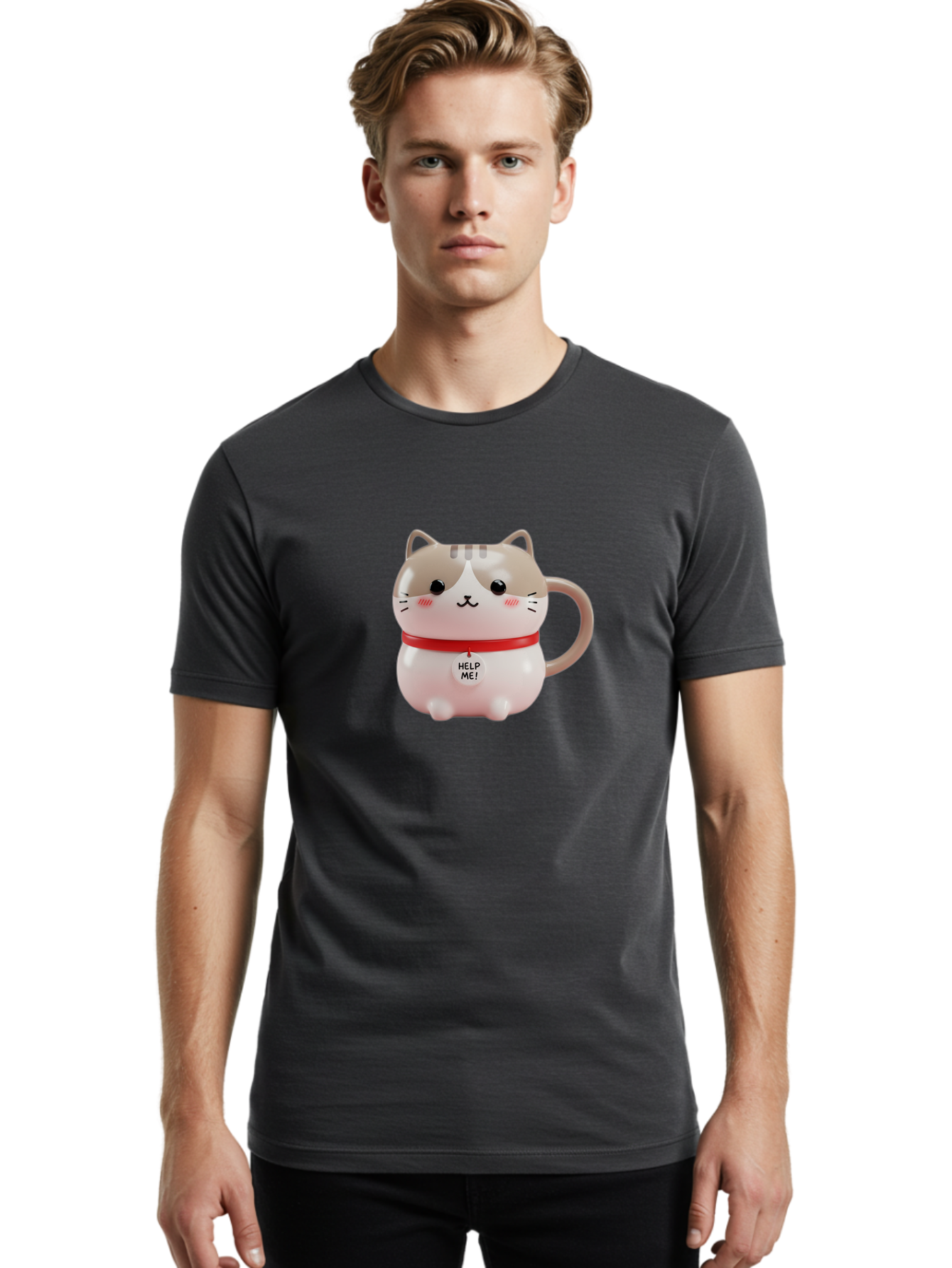 Help-Me-Cat-Mug Men'S Graphic Tee, 100% Cotton, Comfortable Casual Summer Wear, Machine Washable, Cute Cat Mug, Funny Cat Design, Help Me Text, Pink Cat, Red Collar, Cat Lover Gift, Kawaii Cat, Novelty Mug, Cat Figurine Bac050