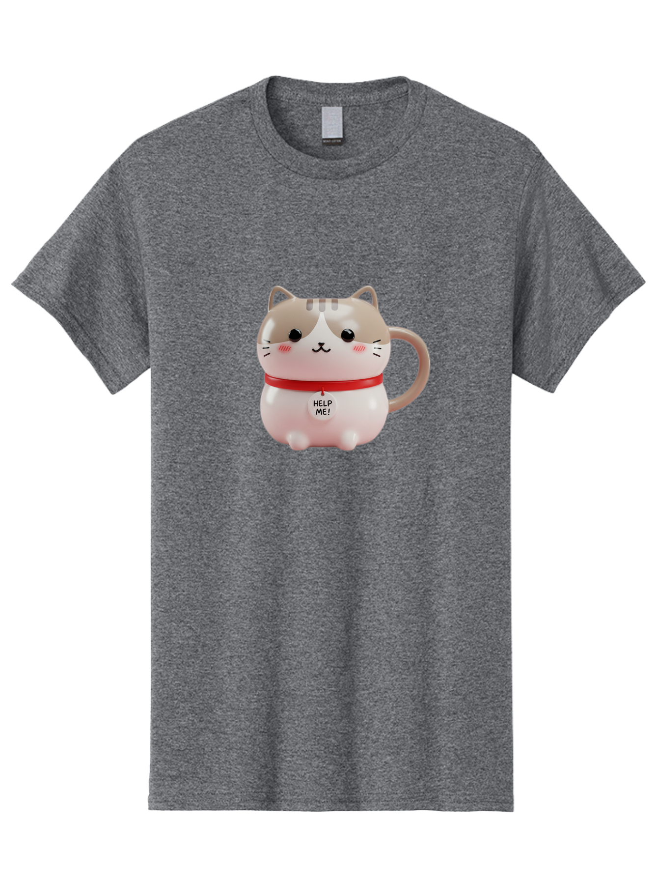 Help-Me-Cat-Mug Men'S Graphic Tee, 100% Cotton, Comfortable Casual Summer Wear, Machine Washable, Cute Cat Mug, Funny Cat Design, Help Me Text, Pink Cat, Red Collar, Cat Lover Gift, Kawaii Cat, Novelty Mug, Cat Figurine Bac050