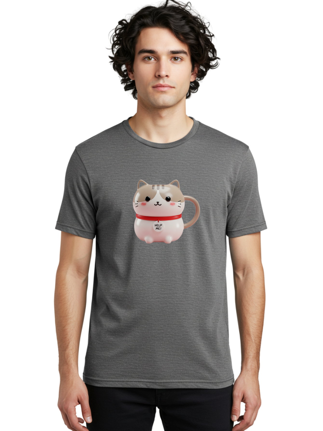 Help-Me-Cat-Mug Men'S Graphic Tee, 100% Cotton, Comfortable Casual Summer Wear, Machine Washable, Cute Cat Mug, Funny Cat Design, Help Me Text, Pink Cat, Red Collar, Cat Lover Gift, Kawaii Cat, Novelty Mug, Cat Figurine Bac050