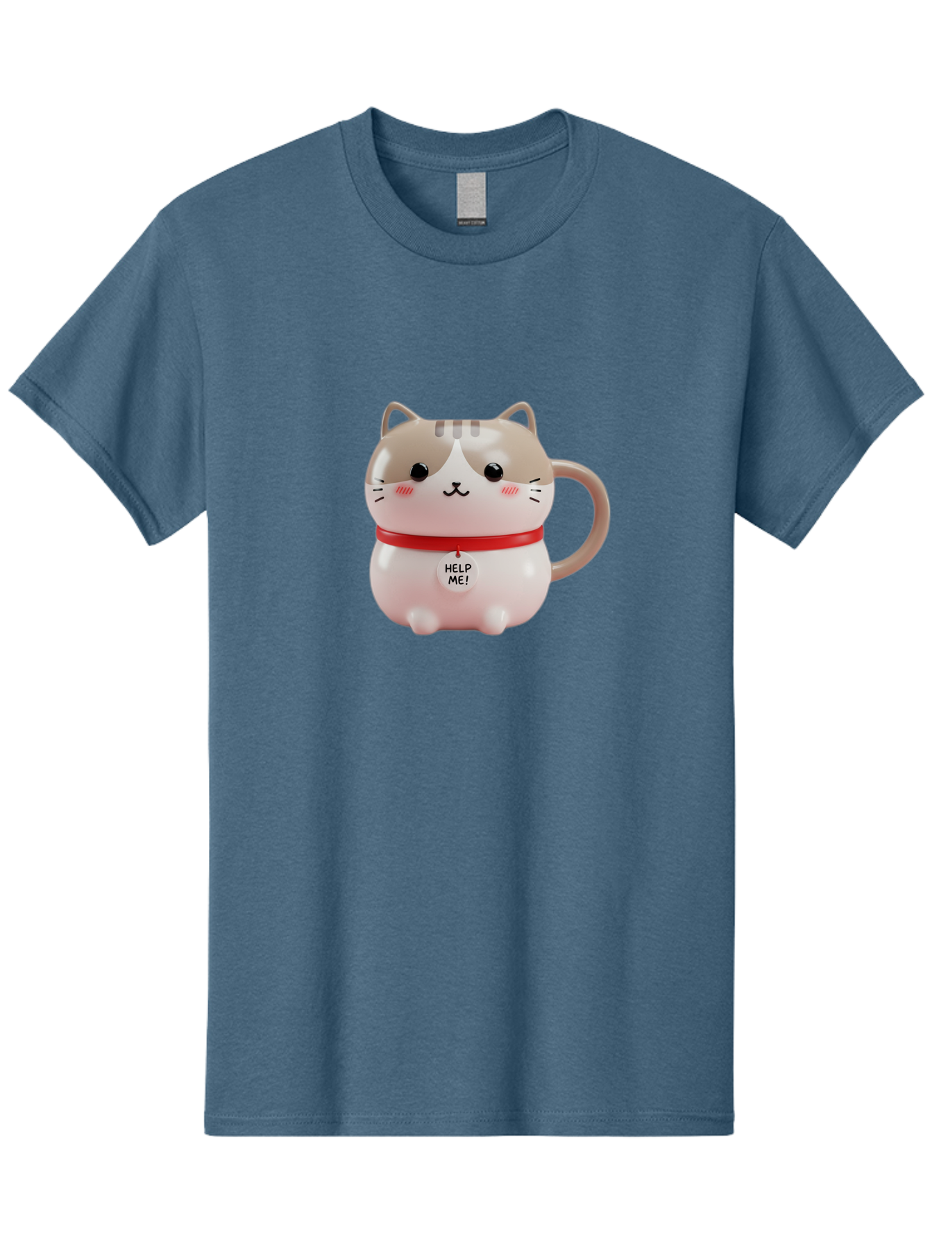 Help-Me-Cat-Mug Men'S Graphic Tee, 100% Cotton, Comfortable Casual Summer Wear, Machine Washable, Cute Cat Mug, Funny Cat Design, Help Me Text, Pink Cat, Red Collar, Cat Lover Gift, Kawaii Cat, Novelty Mug, Cat Figurine Bac050