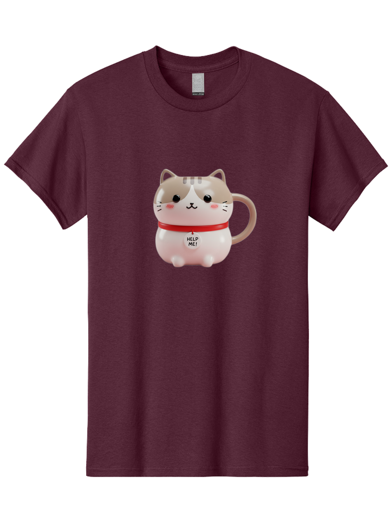 Help-Me-Cat-Mug Men'S Graphic Tee, 100% Cotton, Comfortable Casual Summer Wear, Machine Washable, Cute Cat Mug, Funny Cat Design, Help Me Text, Pink Cat, Red Collar, Cat Lover Gift, Kawaii Cat, Novelty Mug, Cat Figurine Bac050