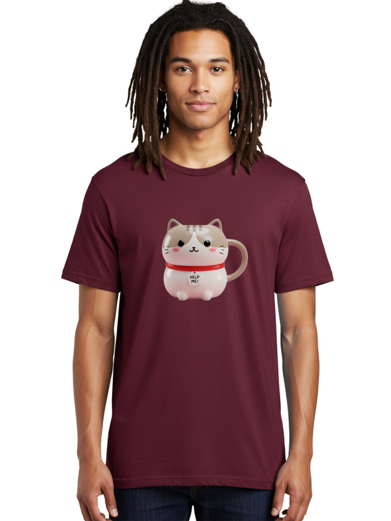Help-Me-Cat-Mug Men'S Graphic Tee, 100% Cotton, Comfortable Casual Summer Wear, Machine Washable, Cute Cat Mug, Funny Cat Design, Help Me Text, Pink Cat, Red Collar, Cat Lover Gift, Kawaii Cat, Novelty Mug, Cat Figurine Bac050