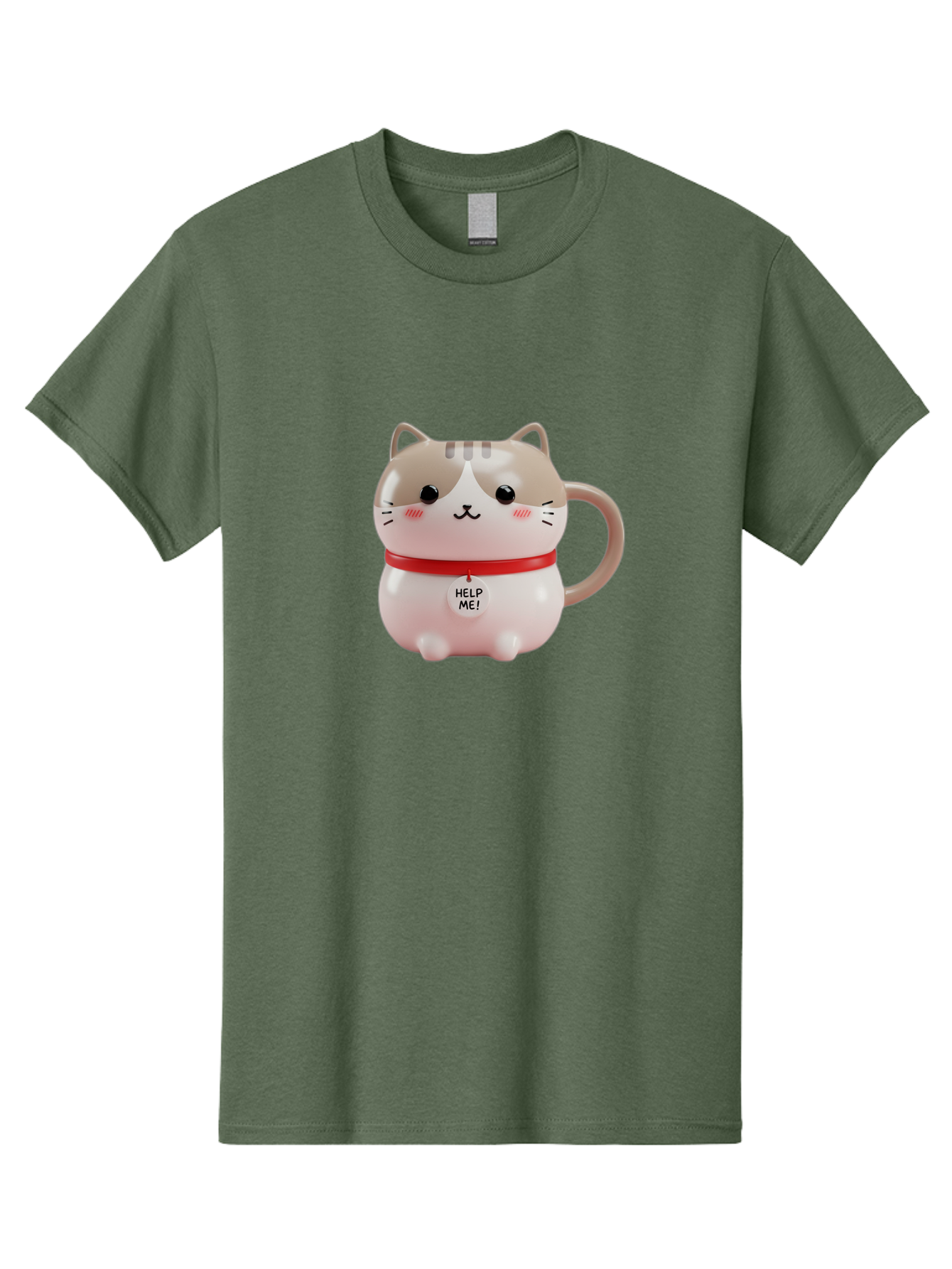 Help-Me-Cat-Mug Men'S Graphic Tee, 100% Cotton, Comfortable Casual Summer Wear, Machine Washable, Cute Cat Mug, Funny Cat Design, Help Me Text, Pink Cat, Red Collar, Cat Lover Gift, Kawaii Cat, Novelty Mug, Cat Figurine Bac050