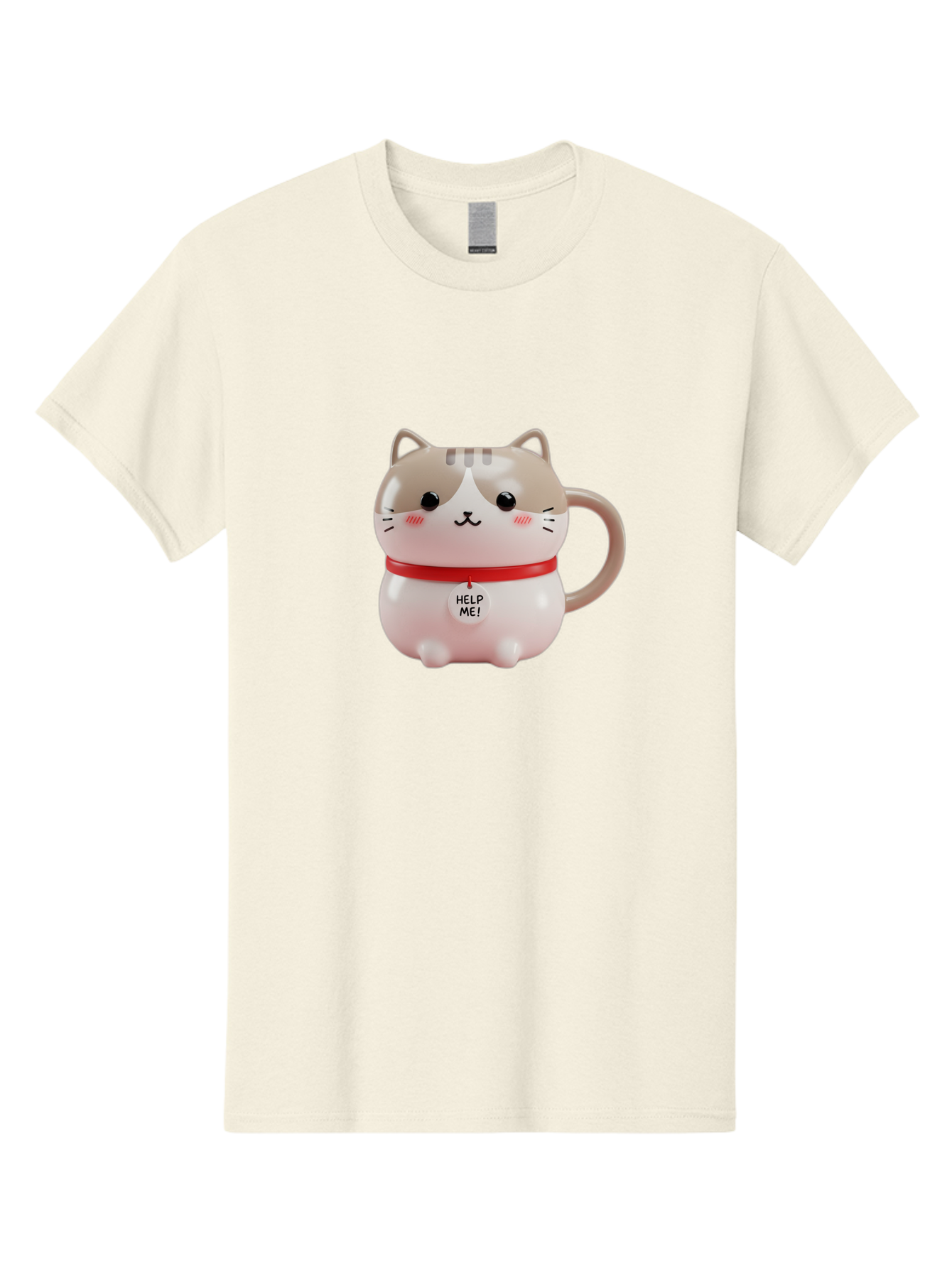 Help-Me-Cat-Mug Men'S Graphic Tee, 100% Cotton, Comfortable Casual Summer Wear, Machine Washable, Cute Cat Mug, Funny Cat Design, Help Me Text, Pink Cat, Red Collar, Cat Lover Gift, Kawaii Cat, Novelty Mug, Cat Figurine Bac050