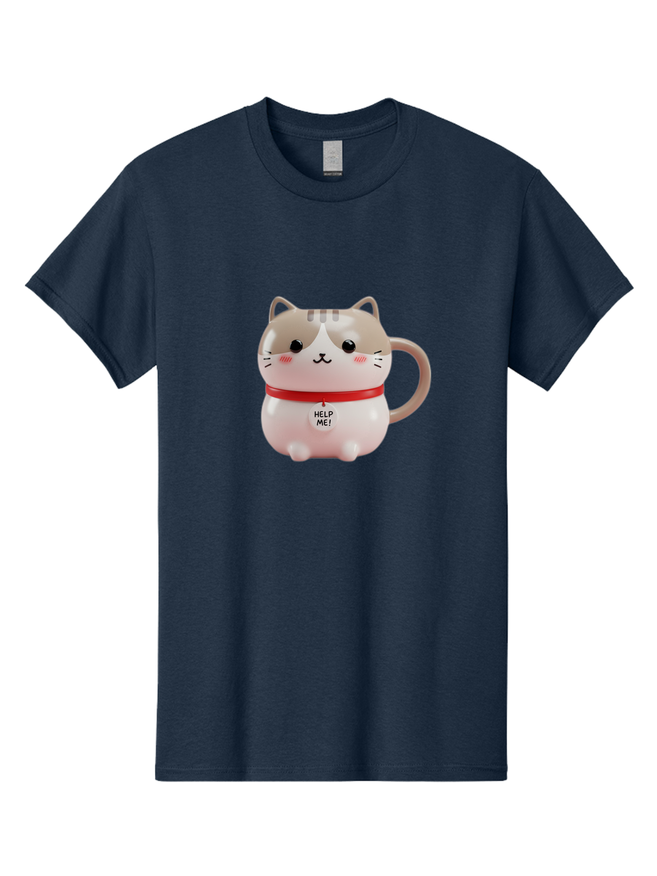 Help-Me-Cat-Mug Men'S Graphic Tee, 100% Cotton, Comfortable Casual Summer Wear, Machine Washable, Cute Cat Mug, Funny Cat Design, Help Me Text, Pink Cat, Red Collar, Cat Lover Gift, Kawaii Cat, Novelty Mug, Cat Figurine Bac050