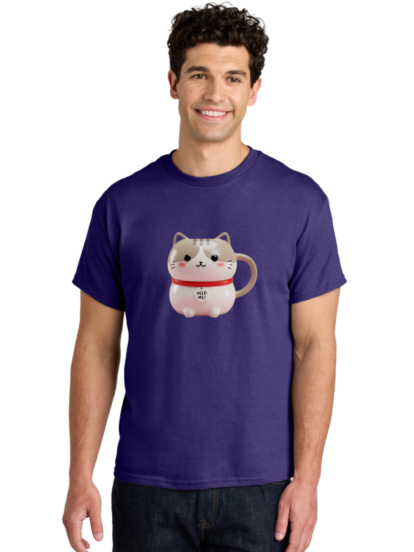 Help-Me-Cat-Mug Men'S Graphic Tee, 100% Cotton, Comfortable Casual Summer Wear, Machine Washable, Cute Cat Mug, Funny Cat Design, Help Me Text, Pink Cat, Red Collar, Cat Lover Gift, Kawaii Cat, Novelty Mug, Cat Figurine Bac050