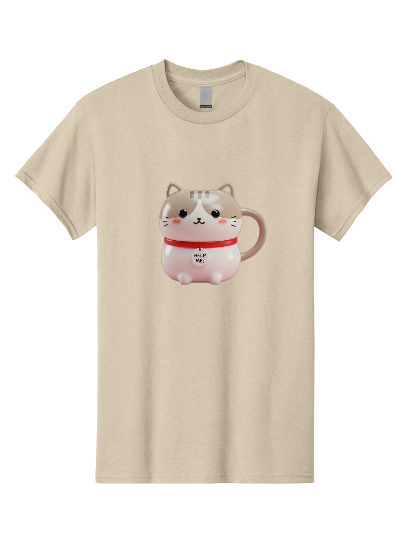 Help-Me-Cat-Mug Men'S Graphic Tee, 100% Cotton, Comfortable Casual Summer Wear, Machine Washable, Cute Cat Mug, Funny Cat Design, Help Me Text, Pink Cat, Red Collar, Cat Lover Gift, Kawaii Cat, Novelty Mug, Cat Figurine Bac050