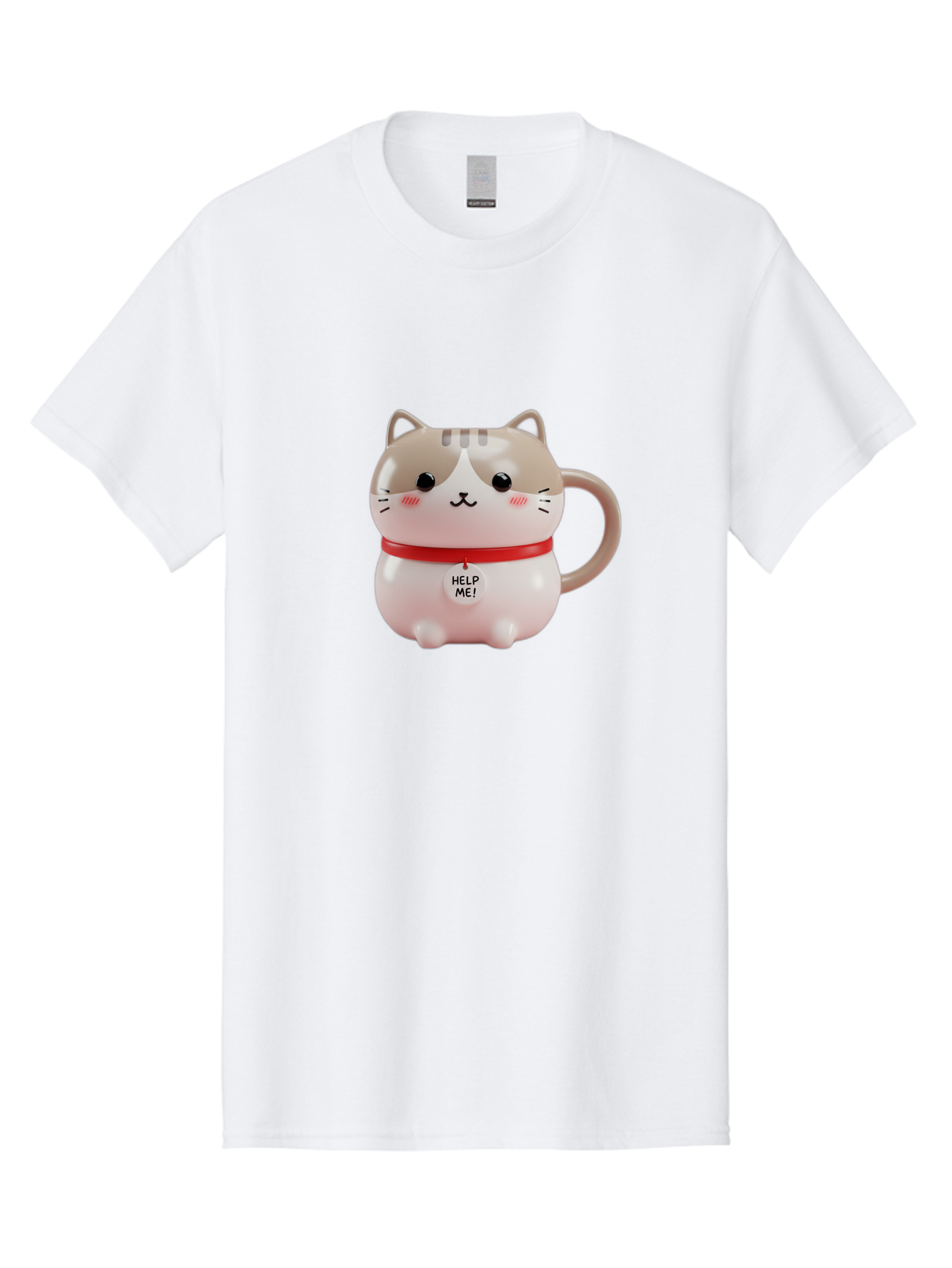 Help-Me-Cat-Mug Men'S Graphic Tee, 100% Cotton, Comfortable Casual Summer Wear, Machine Washable, Cute Cat Mug, Funny Cat Design, Help Me Text, Pink Cat, Red Collar, Cat Lover Gift, Kawaii Cat, Novelty Mug, Cat Figurine Bac050