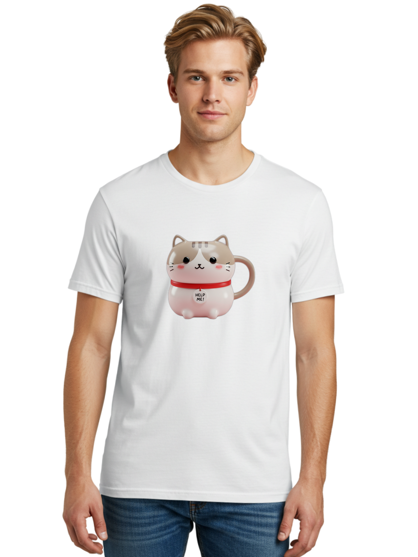 Help-Me-Cat-Mug Men'S Graphic Tee, 100% Cotton, Comfortable Casual Summer Wear, Machine Washable, Cute Cat Mug, Funny Cat Design, Help Me Text, Pink Cat, Red Collar, Cat Lover Gift, Kawaii Cat, Novelty Mug, Cat Figurine Bac050