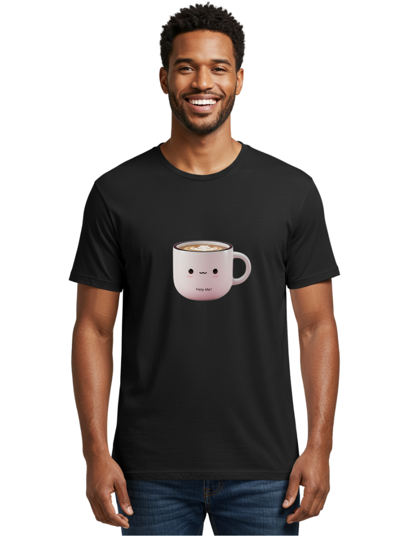 Help-Me-Coffee Men'S Graphic Tee, 100% Cotton, Comfortable Casual Summer Wear, Machine Washable, Cute Coffee Mug, Latte Art, Cartoon Character, Humorous Design, Coffee Lover, Funny Mug, Adorable Design, Coffee Culture, Help Me! Bac051