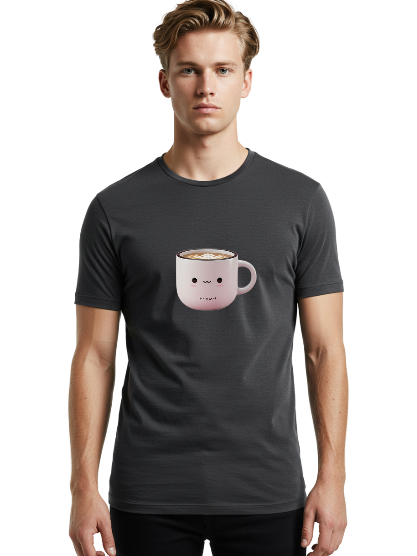 Help-Me-Coffee Men'S Graphic Tee, 100% Cotton, Comfortable Casual Summer Wear, Machine Washable, Cute Coffee Mug, Latte Art, Cartoon Character, Humorous Design, Coffee Lover, Funny Mug, Adorable Design, Coffee Culture, Help Me! Bac051