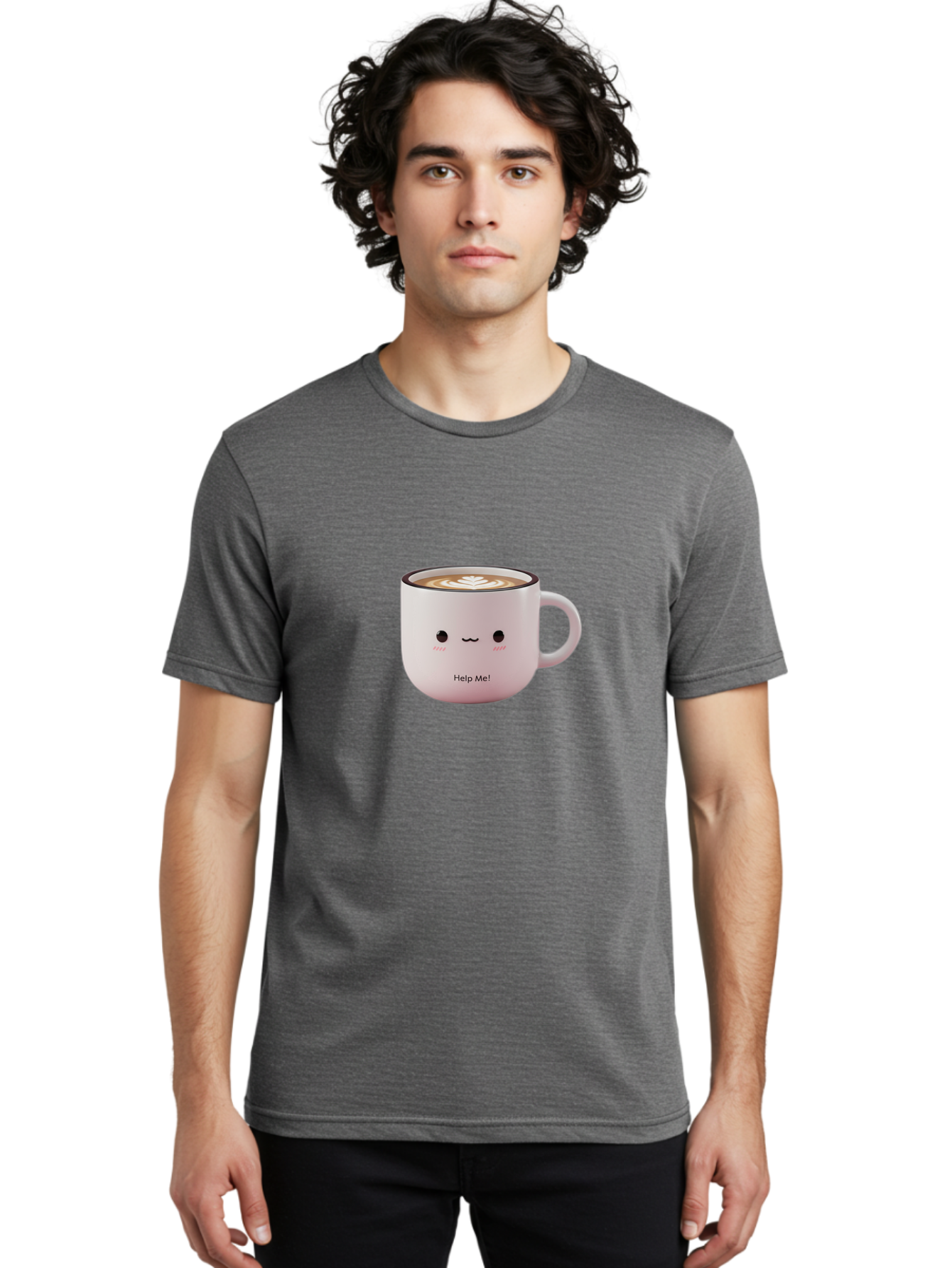 Help-Me-Coffee Men'S Graphic Tee, 100% Cotton, Comfortable Casual Summer Wear, Machine Washable, Cute Coffee Mug, Latte Art, Cartoon Character, Humorous Design, Coffee Lover, Funny Mug, Adorable Design, Coffee Culture, Help Me! Bac051