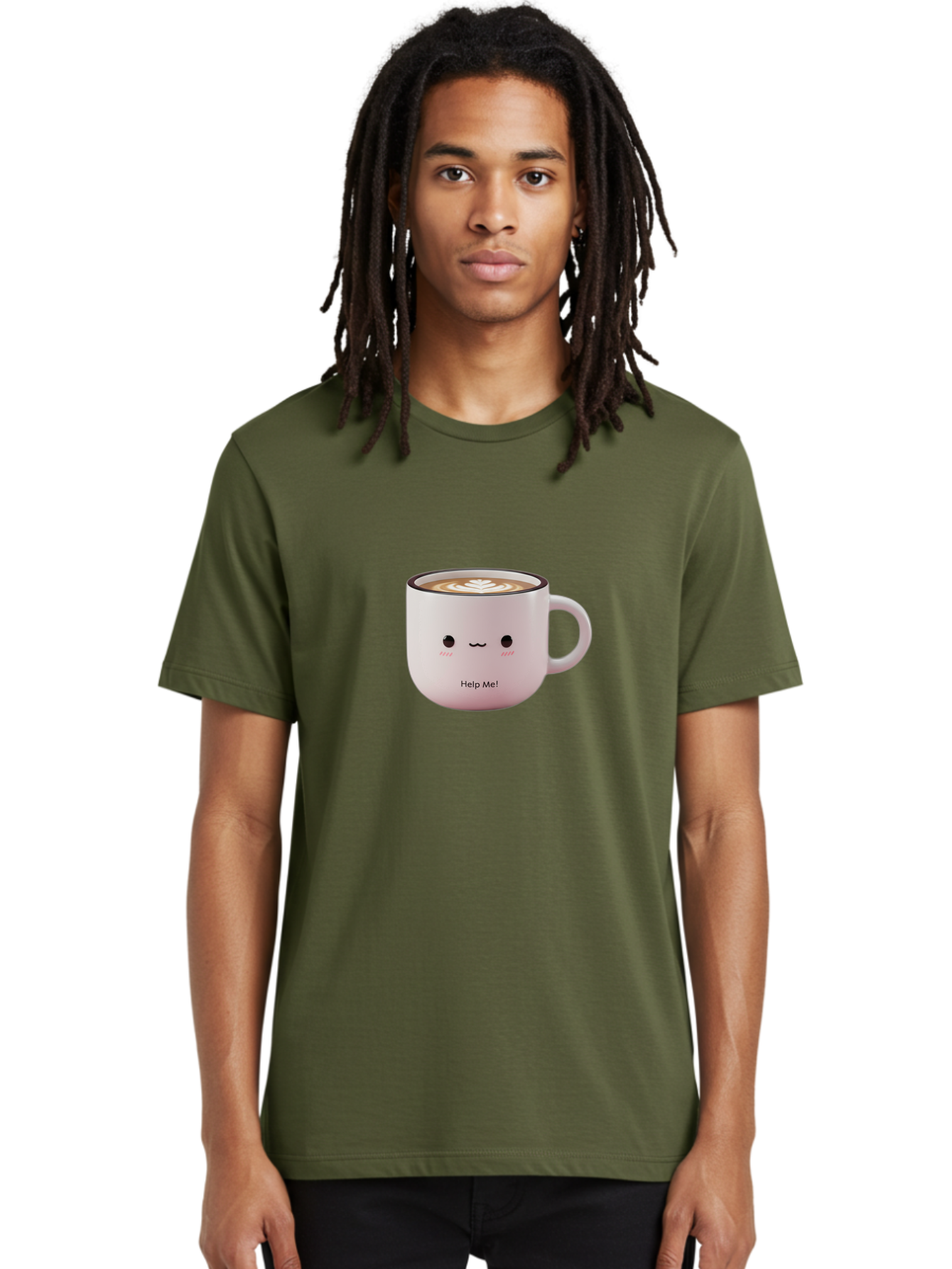 Help-Me-Coffee Men'S Graphic Tee, 100% Cotton, Comfortable Casual Summer Wear, Machine Washable, Cute Coffee Mug, Latte Art, Cartoon Character, Humorous Design, Coffee Lover, Funny Mug, Adorable Design, Coffee Culture, Help Me! Bac051