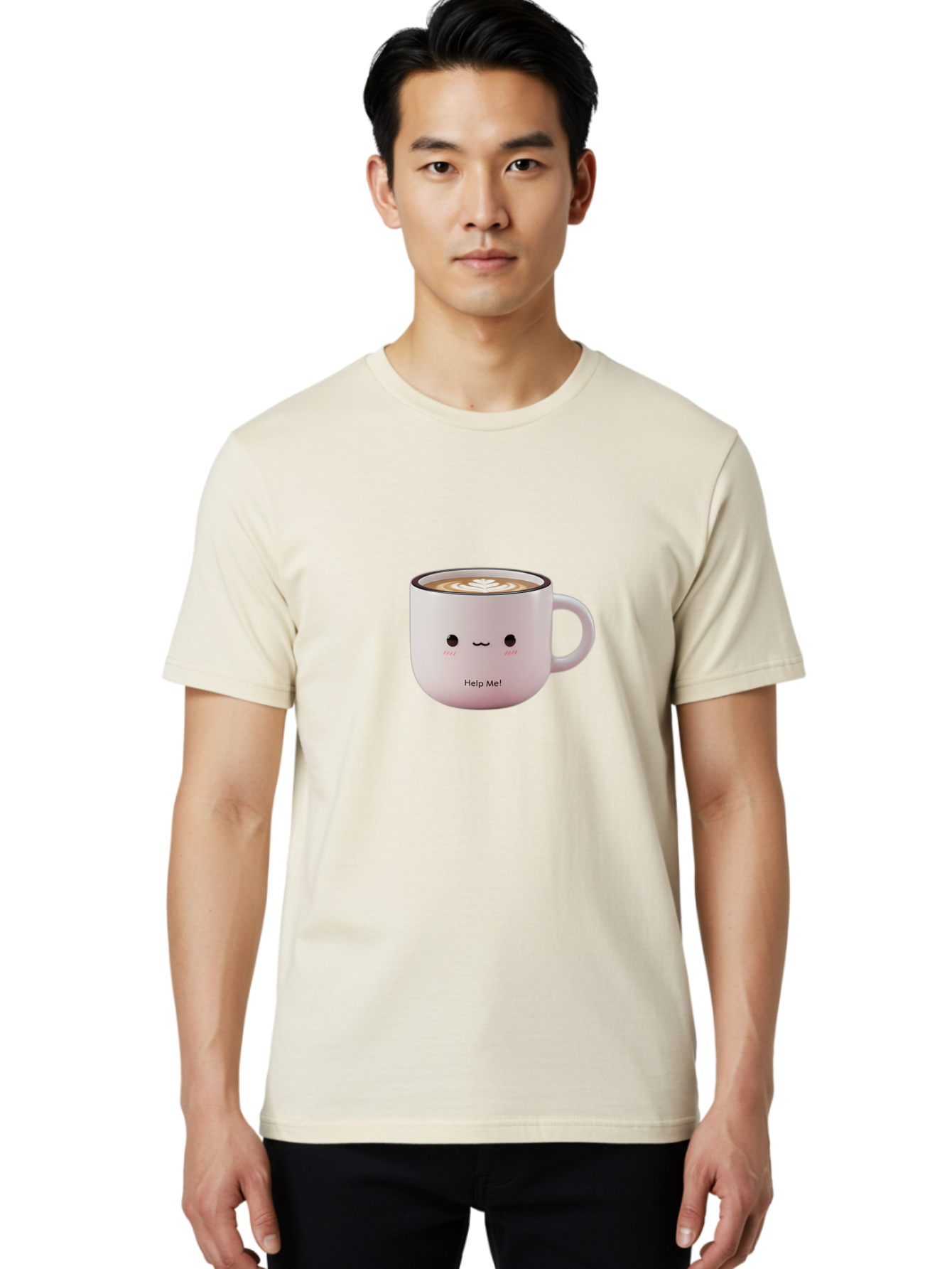 Help-Me-Coffee Men'S Graphic Tee, 100% Cotton, Comfortable Casual Summer Wear, Machine Washable, Cute Coffee Mug, Latte Art, Cartoon Character, Humorous Design, Coffee Lover, Funny Mug, Adorable Design, Coffee Culture, Help Me! Bac051