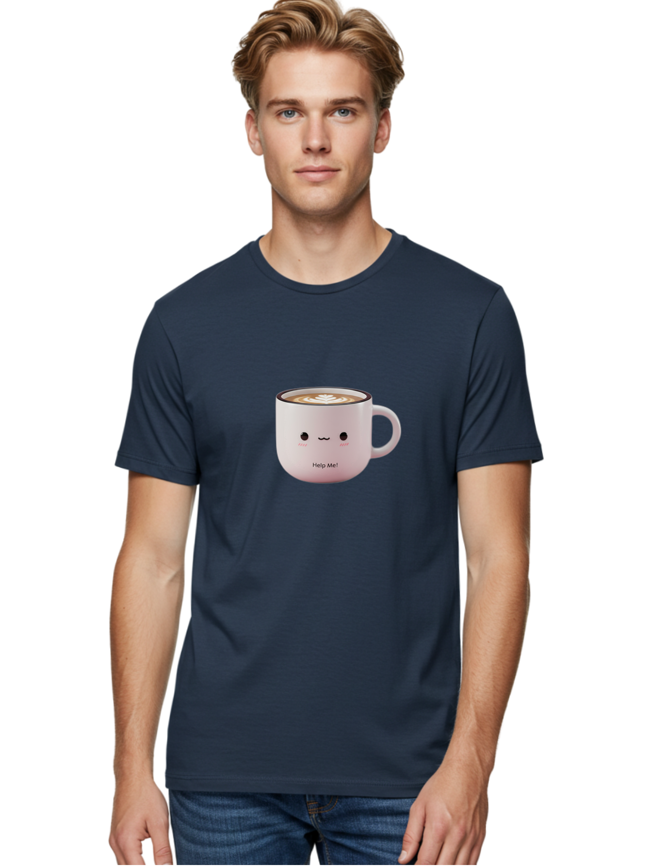 Help-Me-Coffee Men'S Graphic Tee, 100% Cotton, Comfortable Casual Summer Wear, Machine Washable, Cute Coffee Mug, Latte Art, Cartoon Character, Humorous Design, Coffee Lover, Funny Mug, Adorable Design, Coffee Culture, Help Me! Bac051