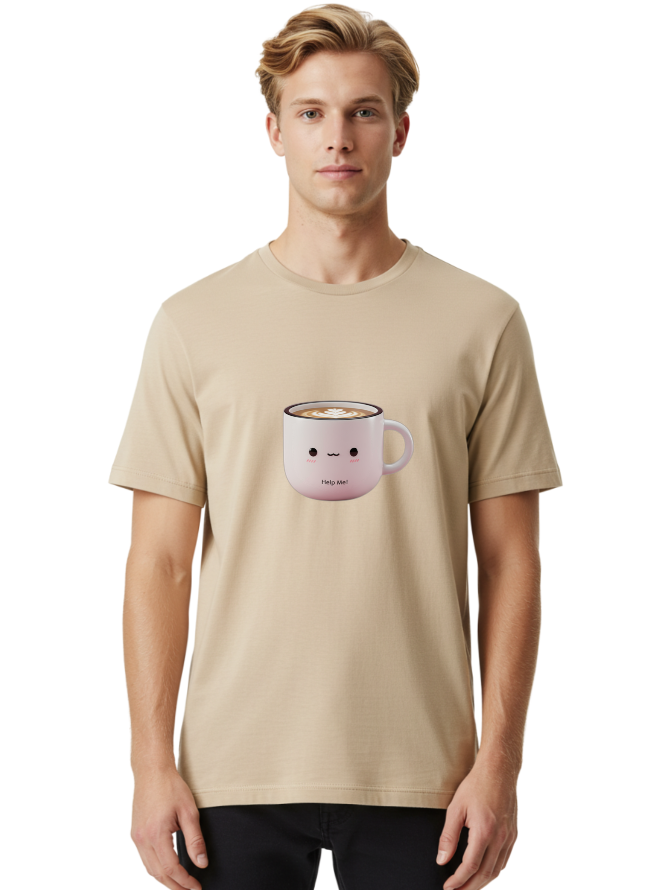 Help-Me-Coffee Men'S Graphic Tee, 100% Cotton, Comfortable Casual Summer Wear, Machine Washable, Cute Coffee Mug, Latte Art, Cartoon Character, Humorous Design, Coffee Lover, Funny Mug, Adorable Design, Coffee Culture, Help Me! Bac051