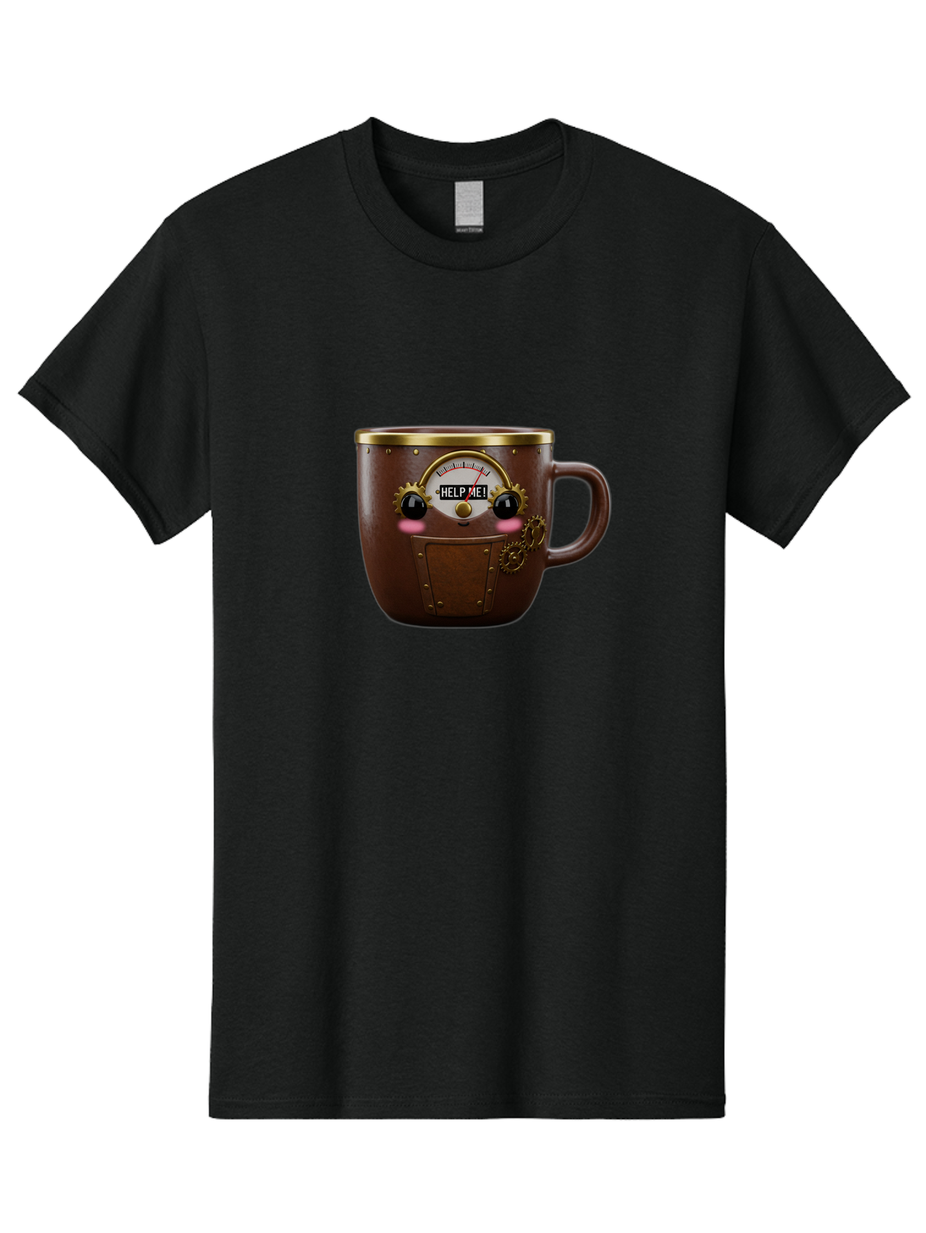 Help-Me-Mug Men'S Graphic Tee, 100% Cotton, Comfortable Casual Summer Wear, Machine Washable, Steampunk Coffee Mug, Brown Ceramic, Gold Accents, Distressed Robot Face, Help Me! Gauge, Steampunk Art, Quirky Design, Unique Collectible, Bac052