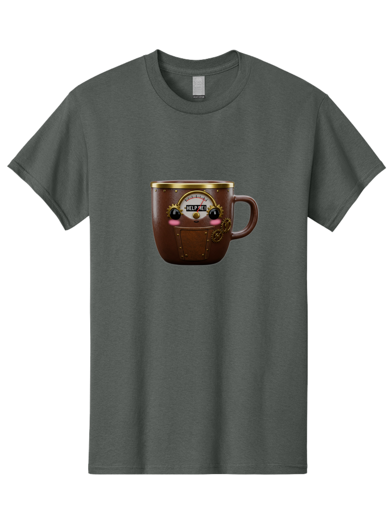 Help-Me-Mug Men'S Graphic Tee, 100% Cotton, Comfortable Casual Summer Wear, Machine Washable, Steampunk Coffee Mug, Brown Ceramic, Gold Accents, Distressed Robot Face, Help Me! Gauge, Steampunk Art, Quirky Design, Unique Collectible, Bac052