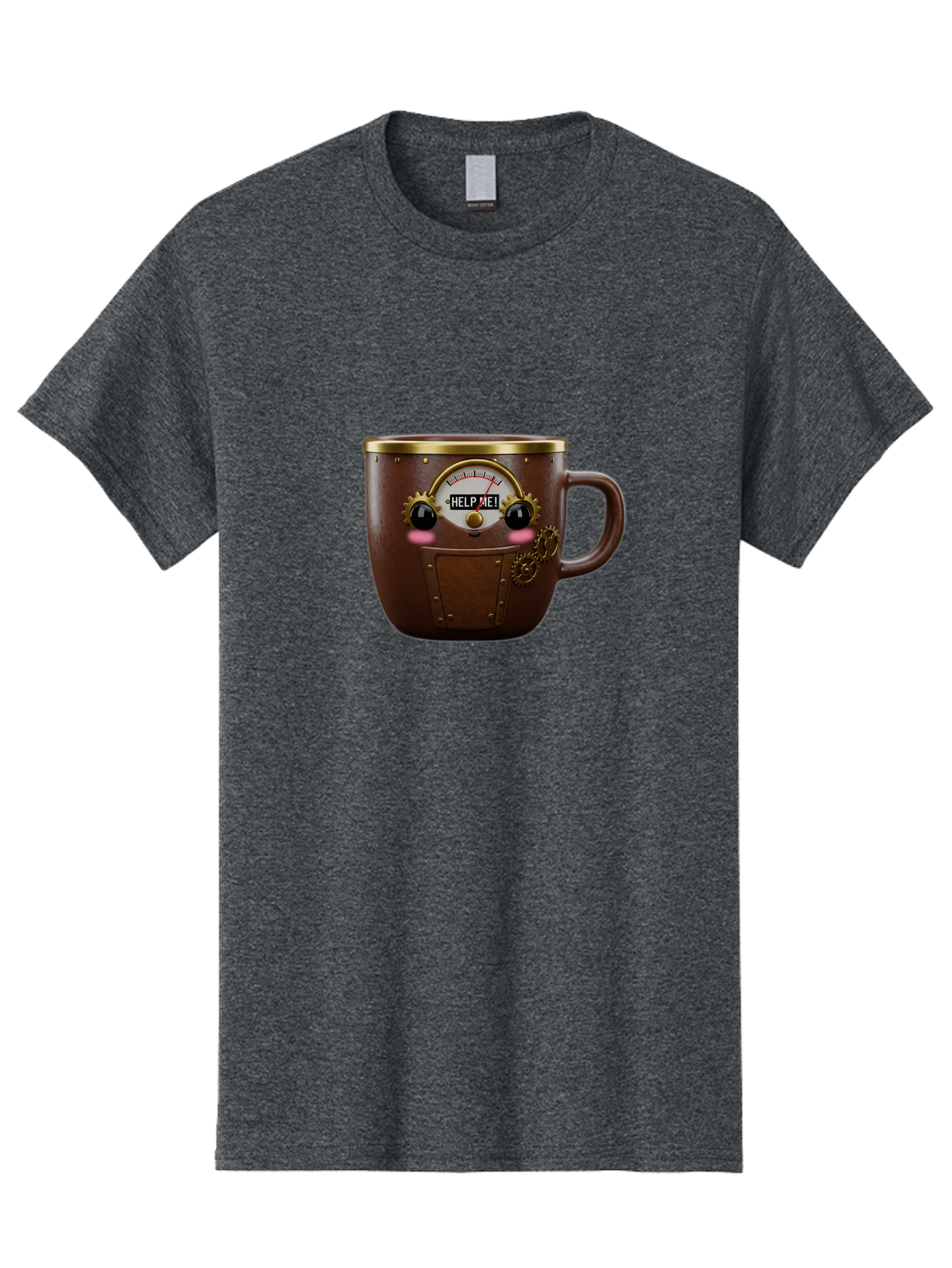 Help-Me-Mug Men'S Graphic Tee, 100% Cotton, Comfortable Casual Summer Wear, Machine Washable, Steampunk Coffee Mug, Brown Ceramic, Gold Accents, Distressed Robot Face, Help Me! Gauge, Steampunk Art, Quirky Design, Unique Collectible, Bac052