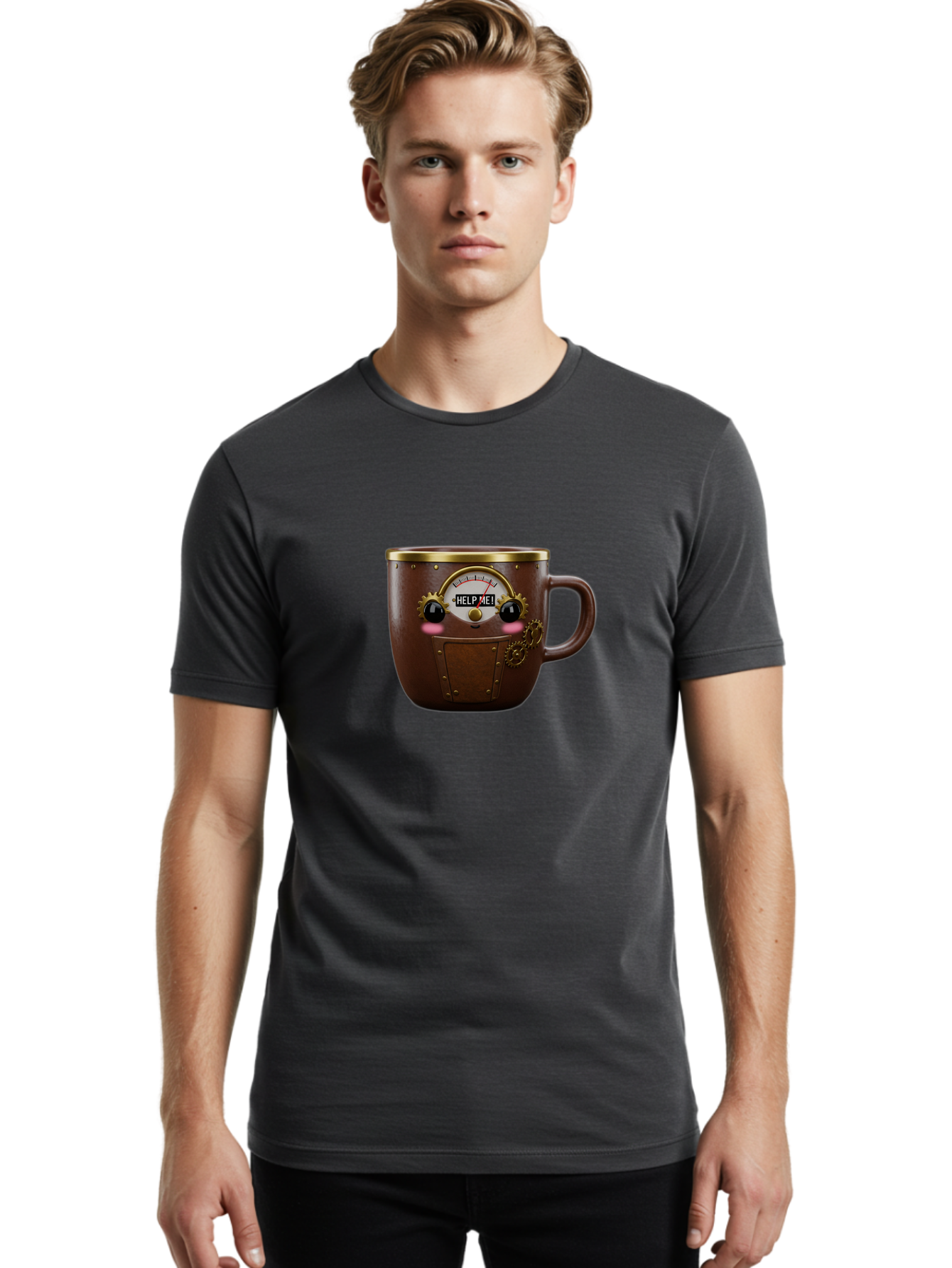Help-Me-Mug Men'S Graphic Tee, 100% Cotton, Comfortable Casual Summer Wear, Machine Washable, Steampunk Coffee Mug, Brown Ceramic, Gold Accents, Distressed Robot Face, Help Me! Gauge, Steampunk Art, Quirky Design, Unique Collectible, Bac052