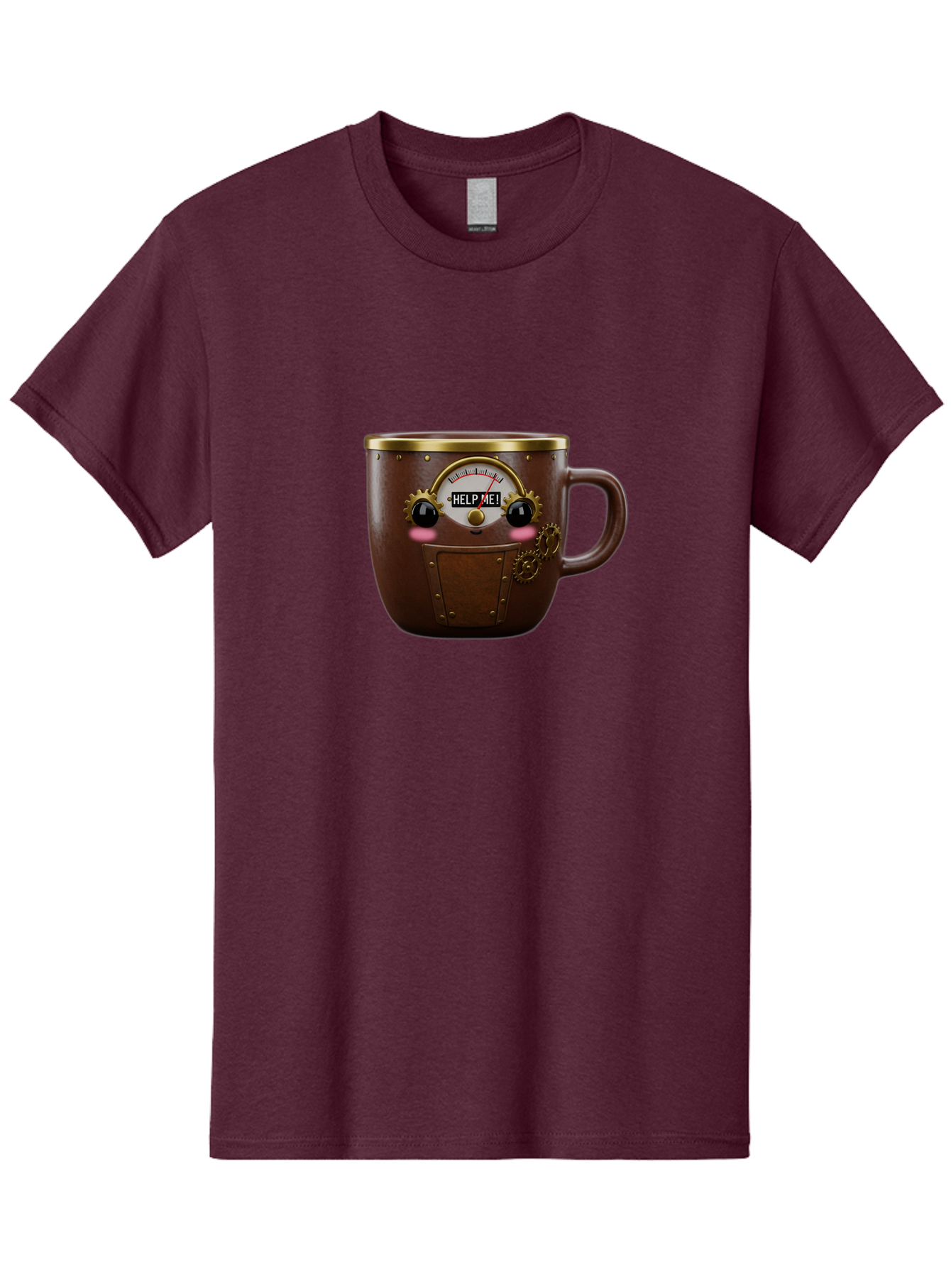 Help-Me-Mug Men'S Graphic Tee, 100% Cotton, Comfortable Casual Summer Wear, Machine Washable, Steampunk Coffee Mug, Brown Ceramic, Gold Accents, Distressed Robot Face, Help Me! Gauge, Steampunk Art, Quirky Design, Unique Collectible, Bac052