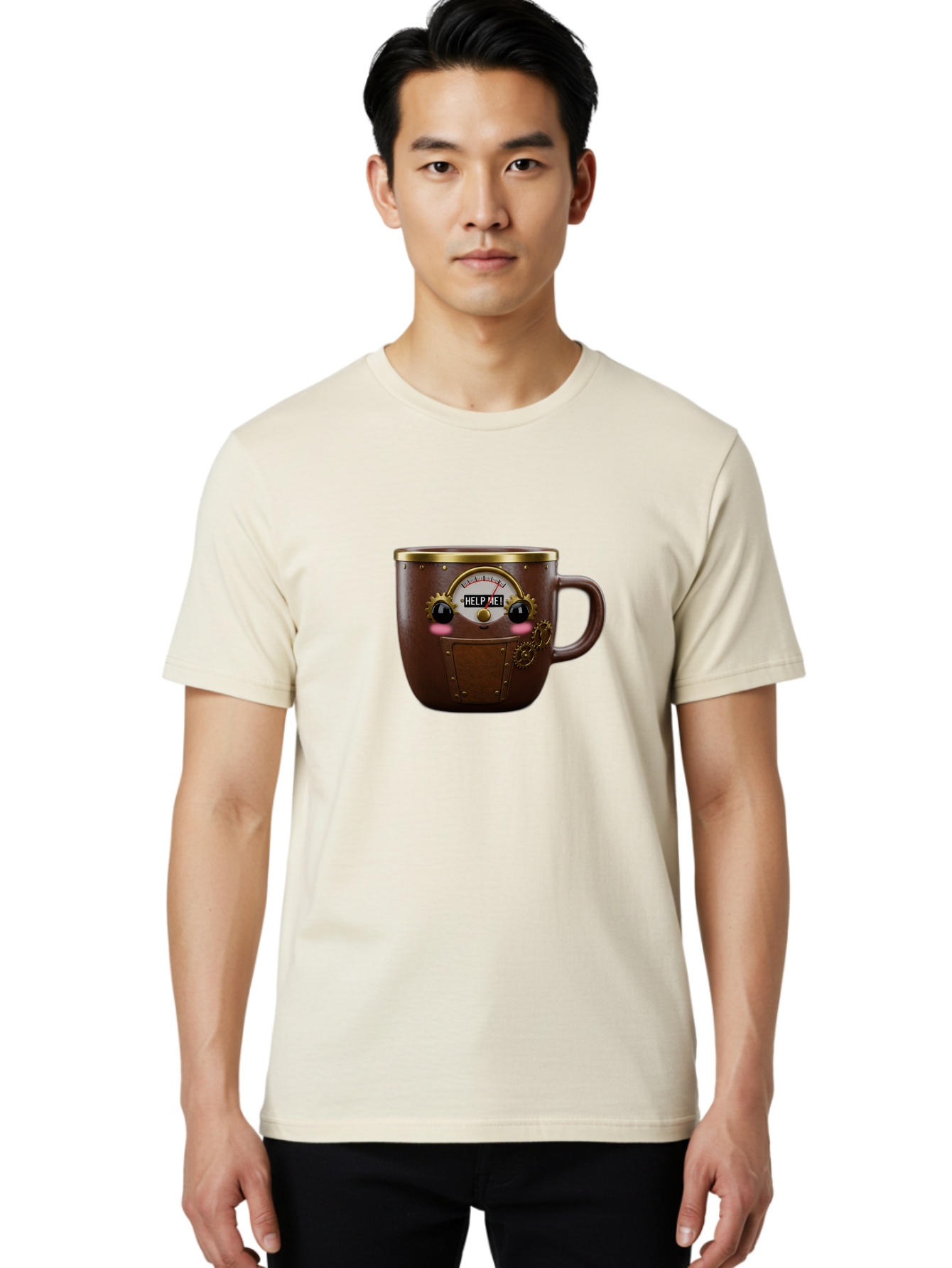 Help-Me-Mug Men'S Graphic Tee, 100% Cotton, Comfortable Casual Summer Wear, Machine Washable, Steampunk Coffee Mug, Brown Ceramic, Gold Accents, Distressed Robot Face, Help Me! Gauge, Steampunk Art, Quirky Design, Unique Collectible, Bac052