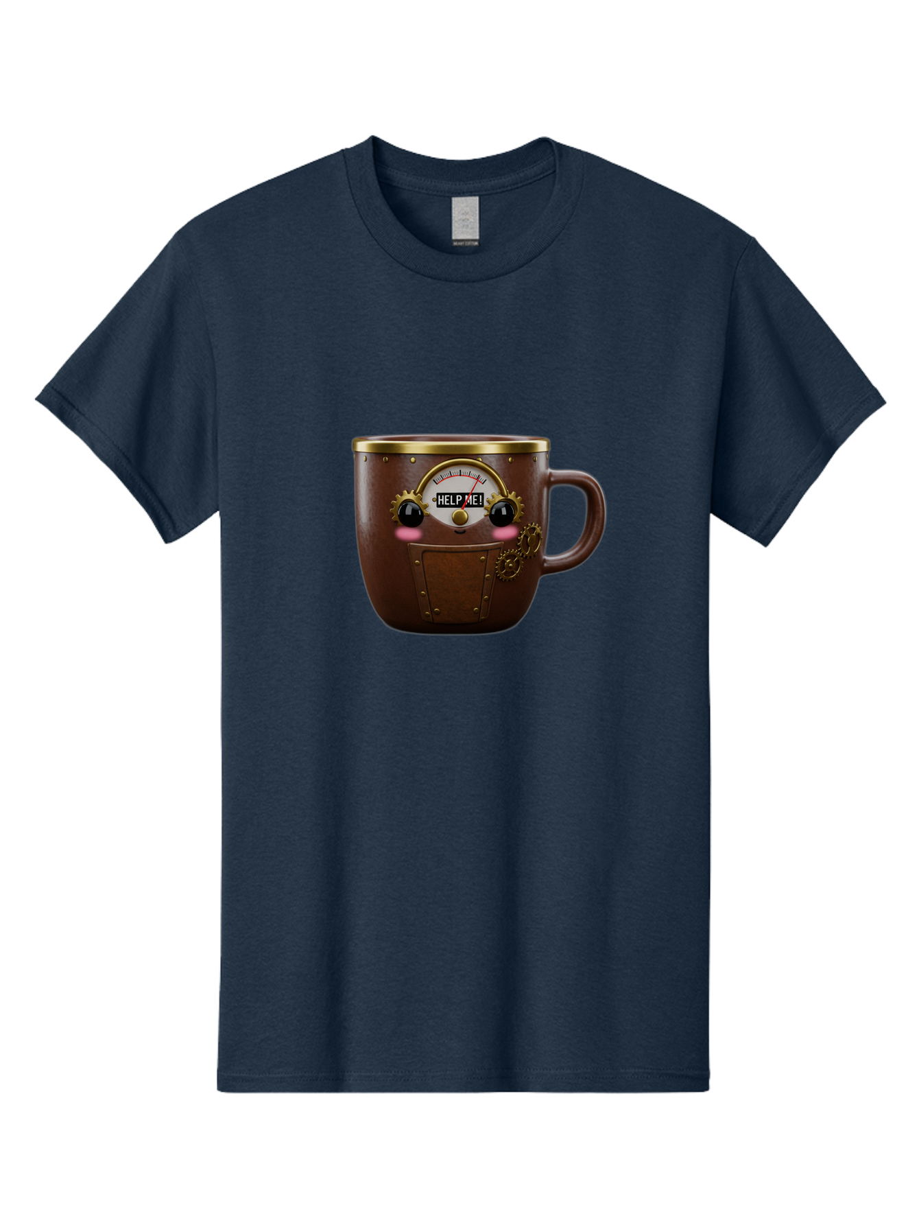 Help-Me-Mug Men'S Graphic Tee, 100% Cotton, Comfortable Casual Summer Wear, Machine Washable, Steampunk Coffee Mug, Brown Ceramic, Gold Accents, Distressed Robot Face, Help Me! Gauge, Steampunk Art, Quirky Design, Unique Collectible, Bac052