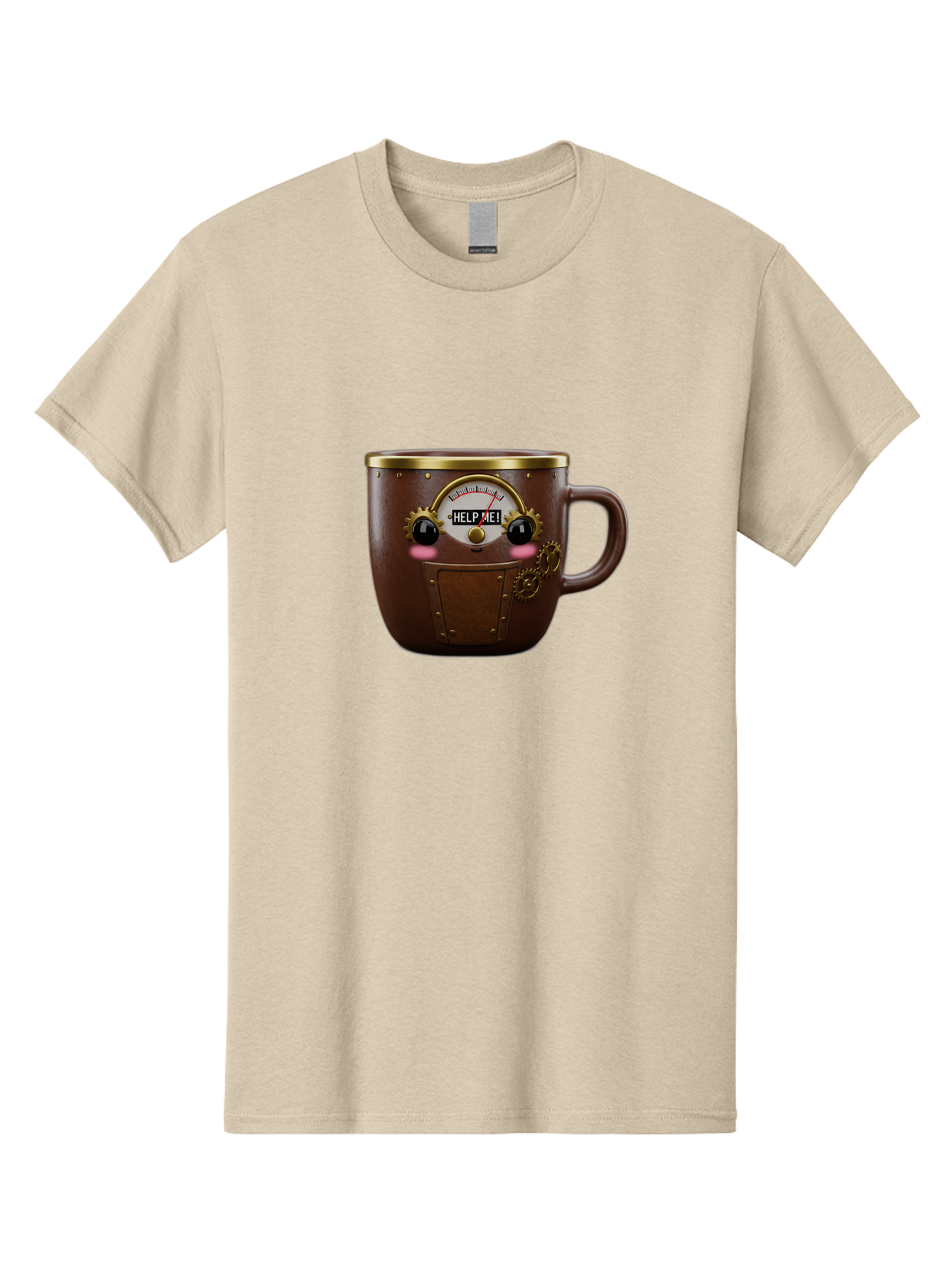 Help-Me-Mug Men'S Graphic Tee, 100% Cotton, Comfortable Casual Summer Wear, Machine Washable, Steampunk Coffee Mug, Brown Ceramic, Gold Accents, Distressed Robot Face, Help Me! Gauge, Steampunk Art, Quirky Design, Unique Collectible, Bac052