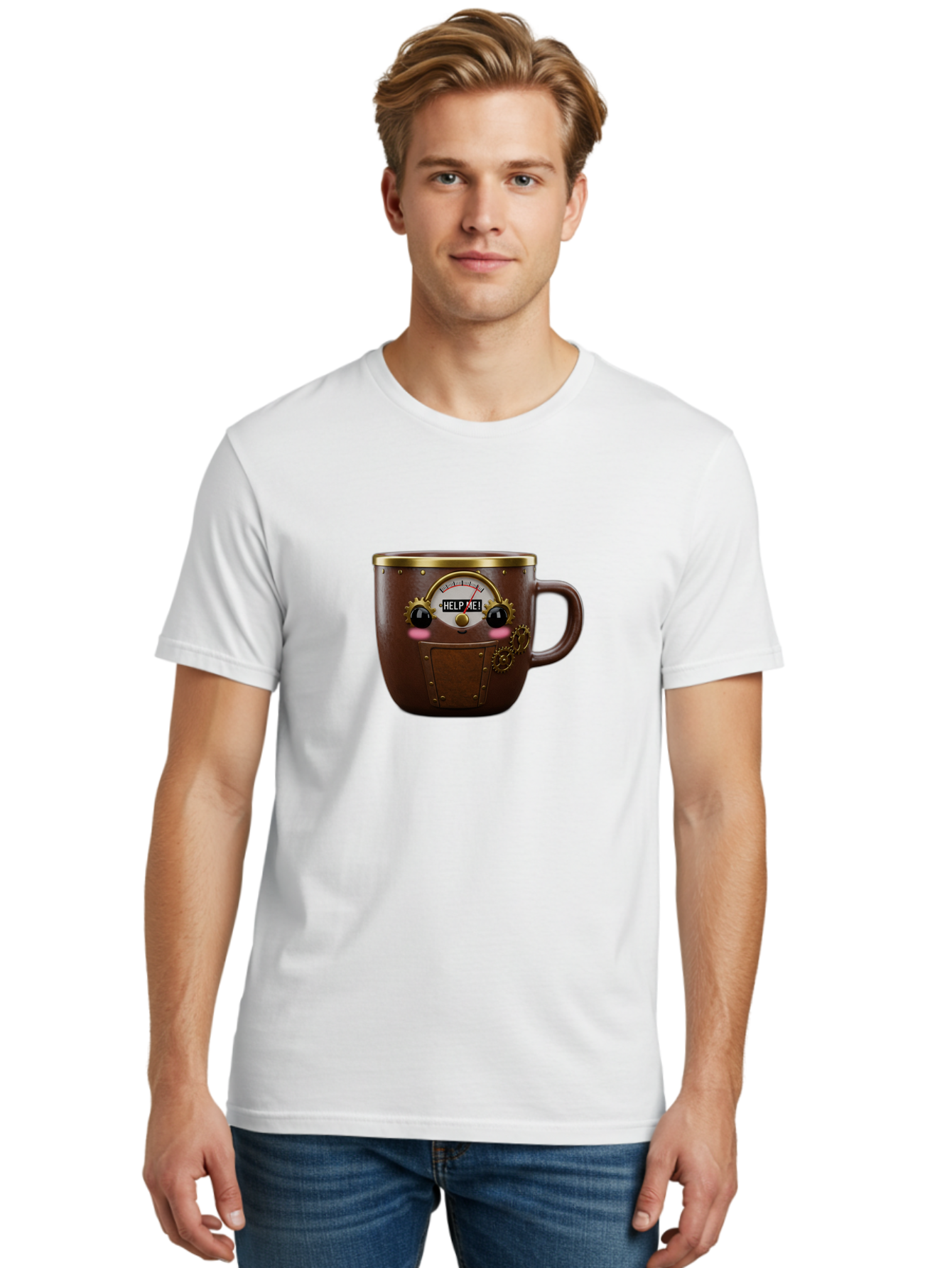 Help-Me-Mug Men'S Graphic Tee, 100% Cotton, Comfortable Casual Summer Wear, Machine Washable, Steampunk Coffee Mug, Brown Ceramic, Gold Accents, Distressed Robot Face, Help Me! Gauge, Steampunk Art, Quirky Design, Unique Collectible, Bac052