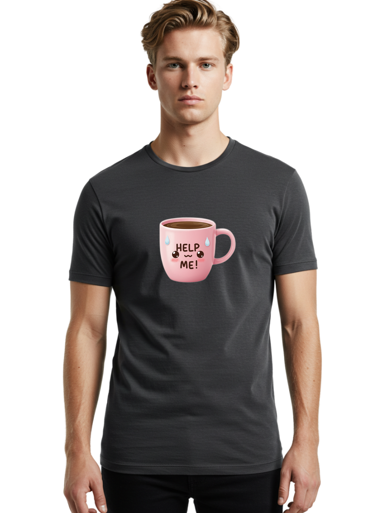 Help-Me Men'S Graphic Tee, 100% Cotton, Comfortable Casual Summer Wear, Machine Washable, Cute Coffee Mug, Cartoon Coffee, Funny Coffee, Kawaii Coffee, Coffee Humor, Coffee Meme, Coffee Culture, Coffee Love Bac053