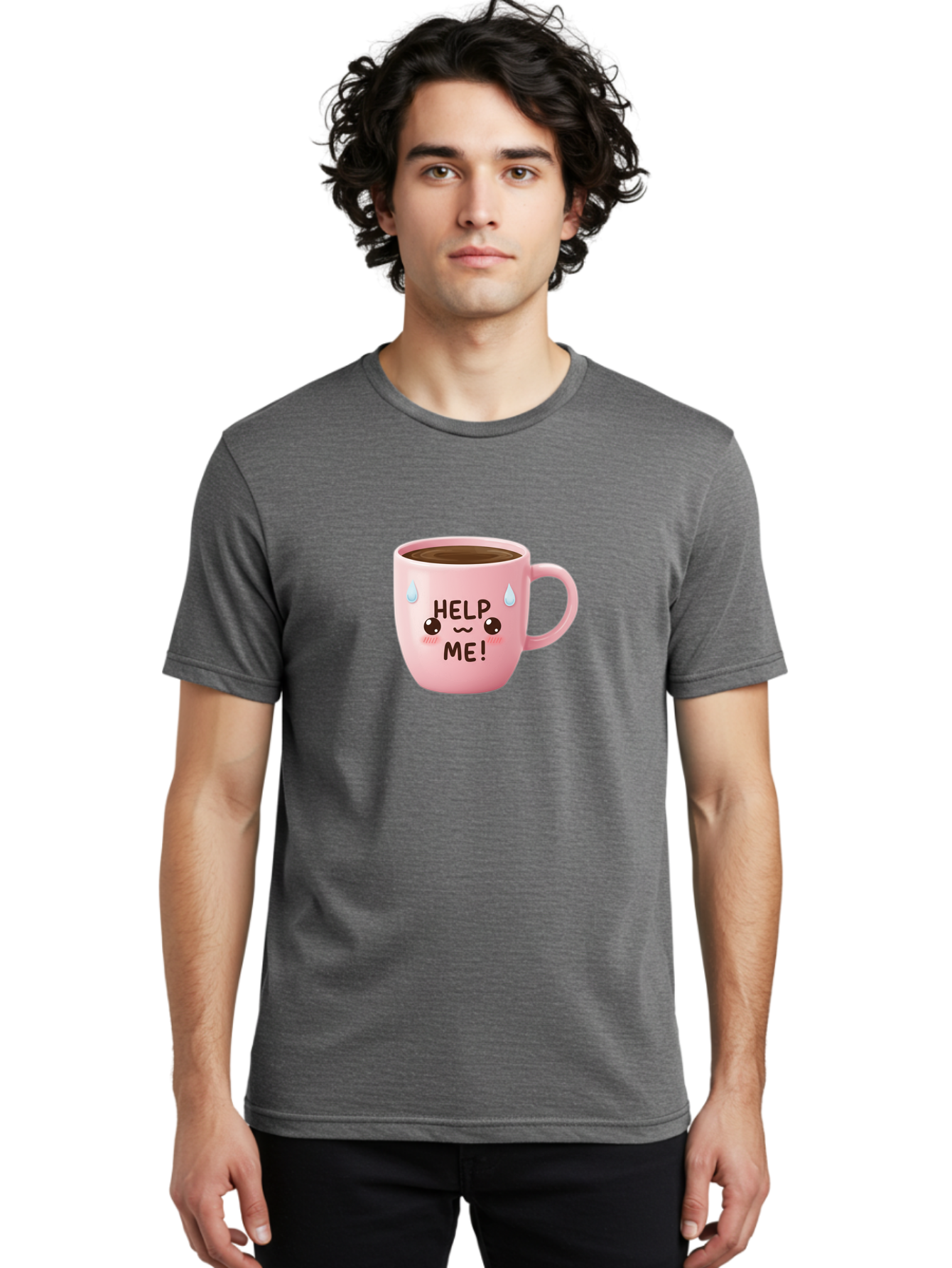 Help-Me Men'S Graphic Tee, 100% Cotton, Comfortable Casual Summer Wear, Machine Washable, Cute Coffee Mug, Cartoon Coffee, Funny Coffee, Kawaii Coffee, Coffee Humor, Coffee Meme, Coffee Culture, Coffee Love Bac053