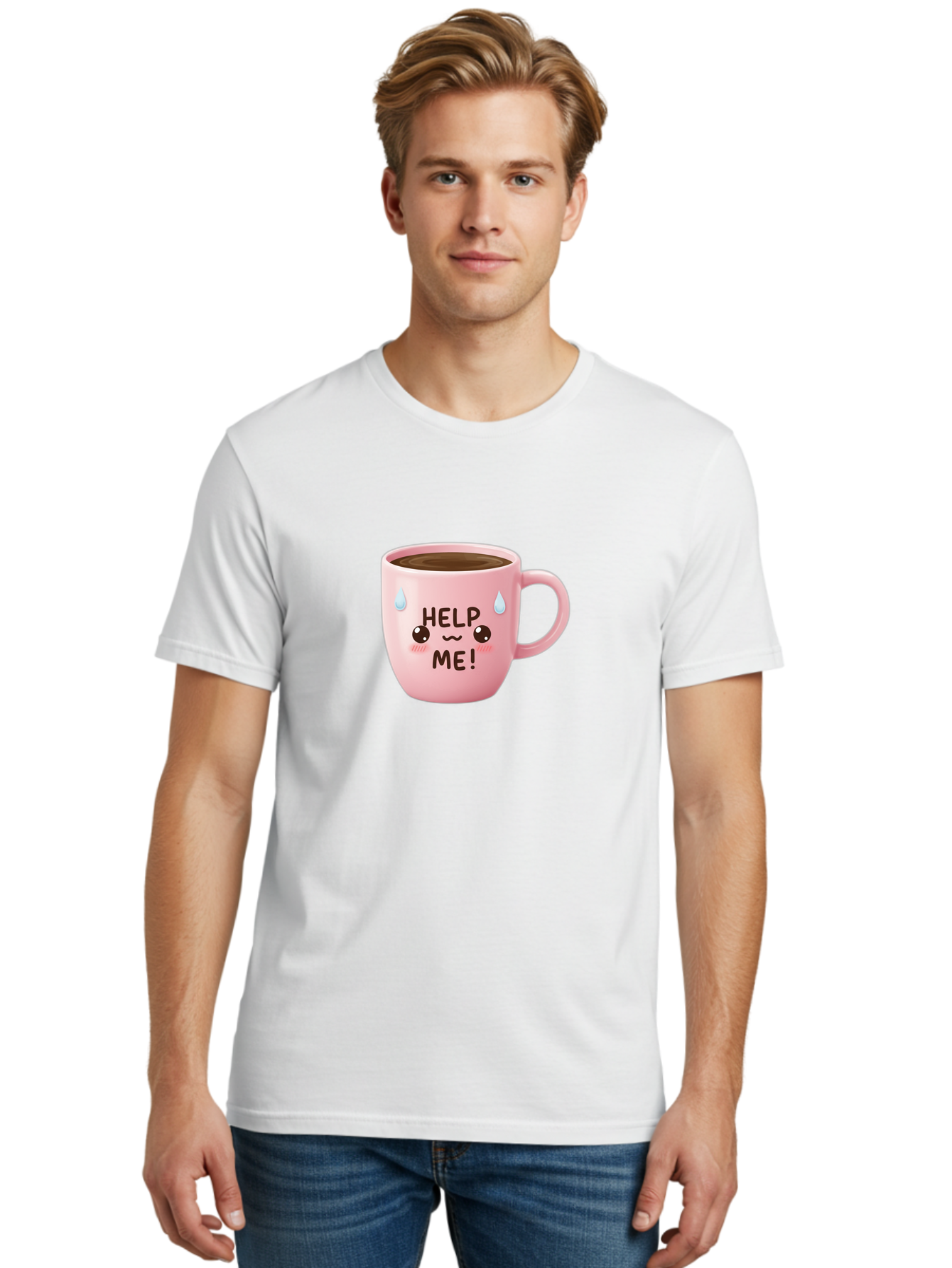 Help-Me Men'S Graphic Tee, 100% Cotton, Comfortable Casual Summer Wear, Machine Washable, Cute Coffee Mug, Cartoon Coffee, Funny Coffee, Kawaii Coffee, Coffee Humor, Coffee Meme, Coffee Culture, Coffee Love Bac053