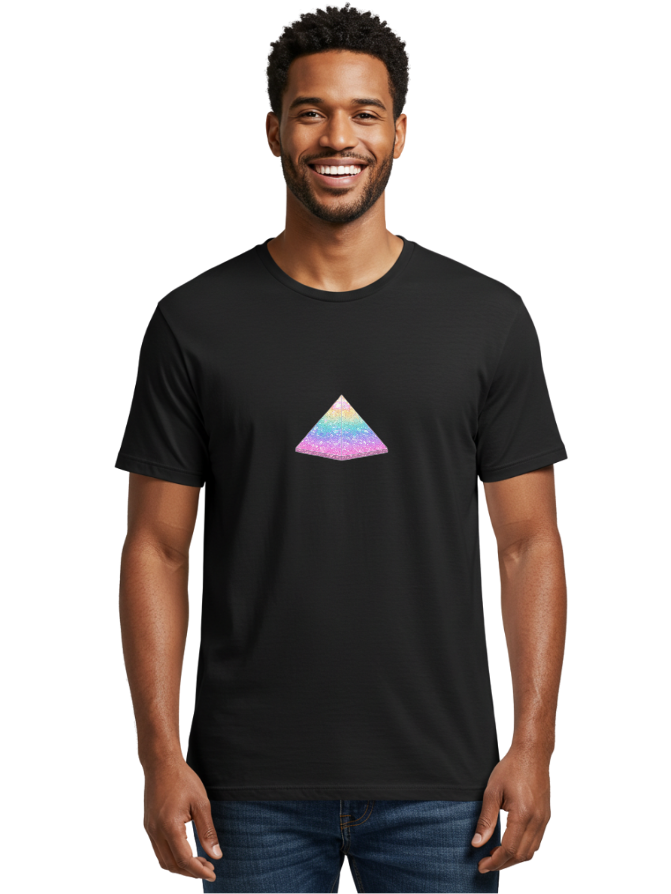 Holographic-Triangle Men'S Graphic Tee, 100% Cotton, Comfortable Casual Summer Wear, Machine Washable, Holographic Triangle, Pastel Colors, Shimmering Effect, Iridescent Sheen, Mystical Symbol, Geometric Shape, Rainbow Colors, Glitter Effect Bac054
