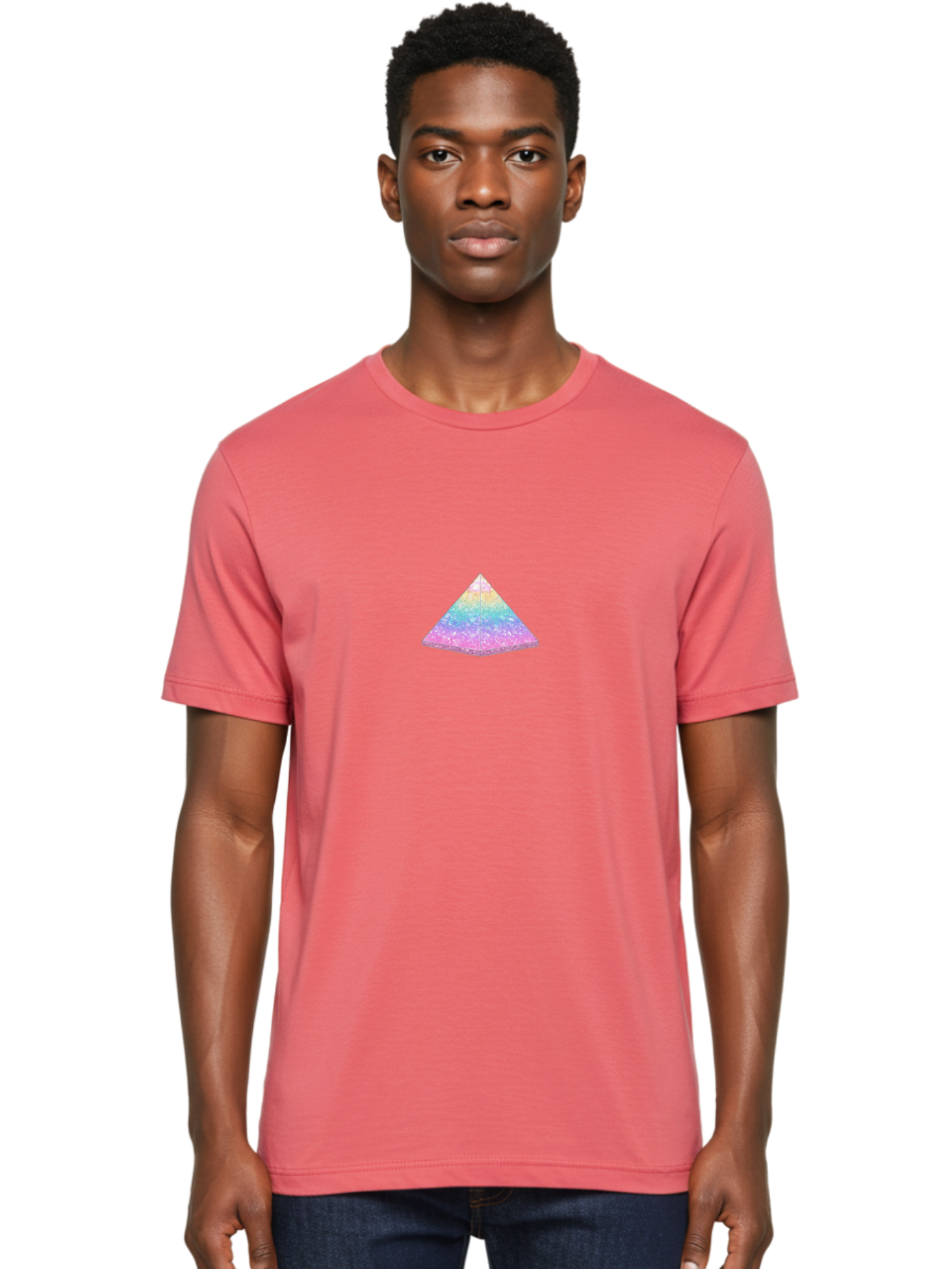 Holographic-Triangle Men'S Graphic Tee, 100% Cotton, Comfortable Casual Summer Wear, Machine Washable, Holographic Triangle, Pastel Colors, Shimmering Effect, Iridescent Sheen, Mystical Symbol, Geometric Shape, Rainbow Colors, Glitter Effect Bac054