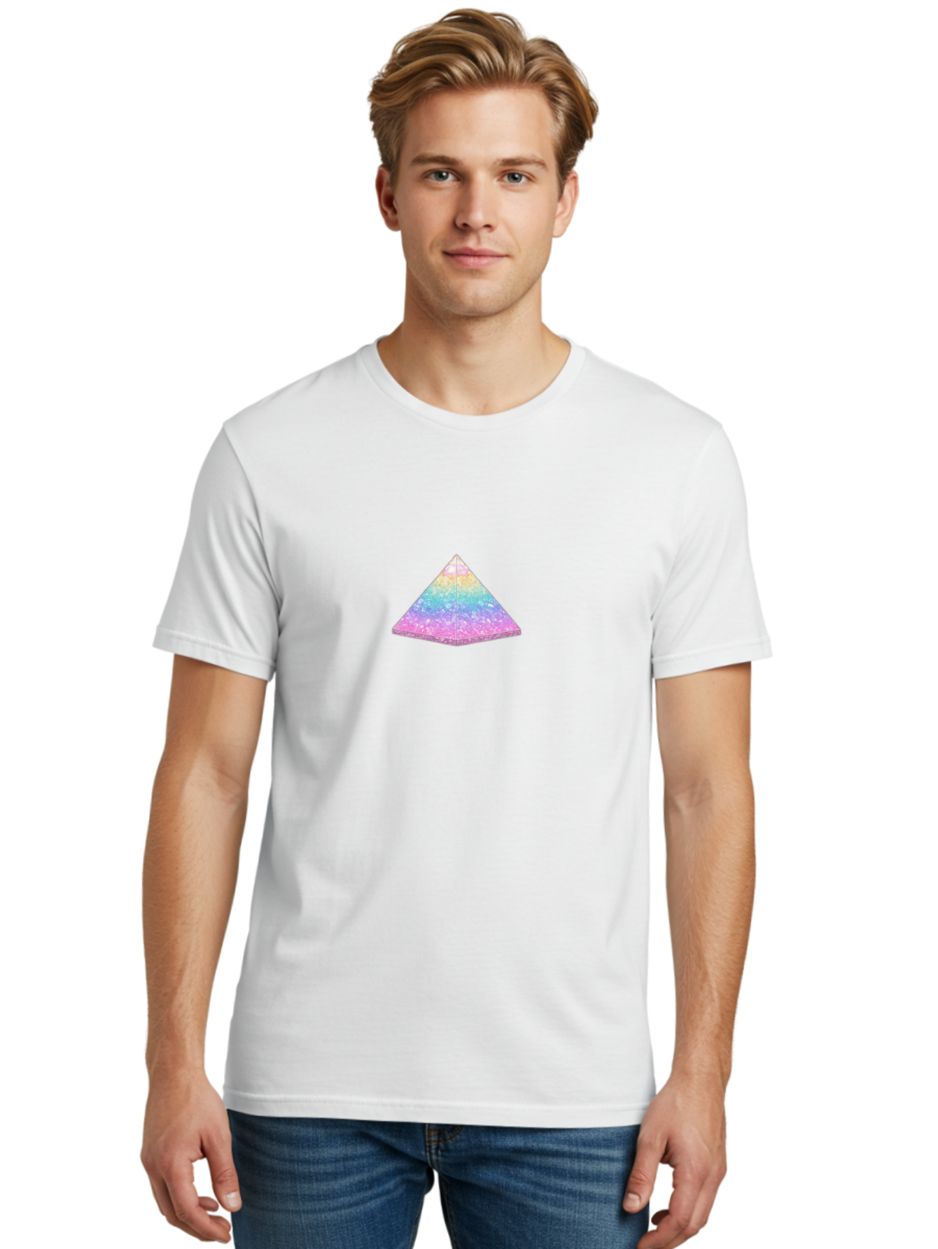 Holographic-Triangle Men'S Graphic Tee, 100% Cotton, Comfortable Casual Summer Wear, Machine Washable, Holographic Triangle, Pastel Colors, Shimmering Effect, Iridescent Sheen, Mystical Symbol, Geometric Shape, Rainbow Colors, Glitter Effect Bac054