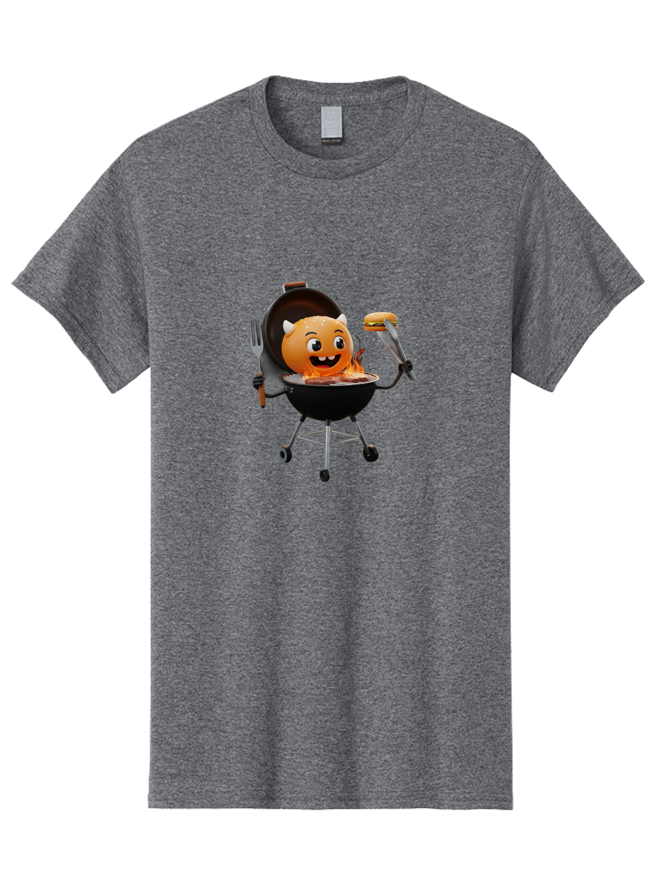 Hot-Sauce-Emoji-On-Bbq Men'S Graphic Tee, 100% Cotton, Comfortable Casual Summer Wear, Machine Washable, Smiling Emoji On Barbecue Grill, Barbecue Accessories, Fork And Tongs, Grilled Hamburger, Cartoon Character, Happy Face, Bac056