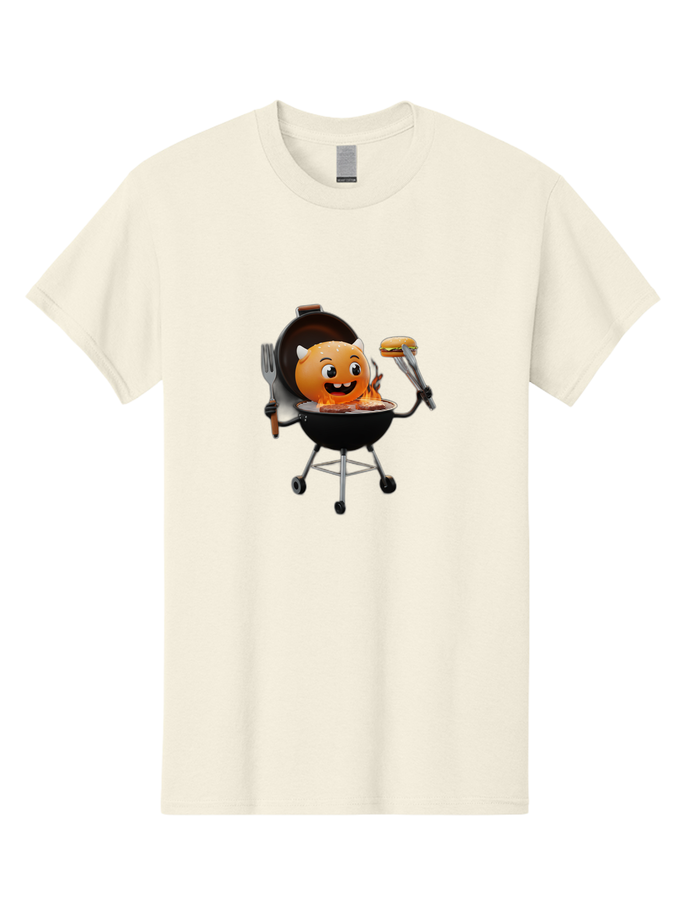 Hot-Sauce-Emoji-On-Bbq Men'S Graphic Tee, 100% Cotton, Comfortable Casual Summer Wear, Machine Washable, Smiling Emoji On Barbecue Grill, Barbecue Accessories, Fork And Tongs, Grilled Hamburger, Cartoon Character, Happy Face, Bac056
