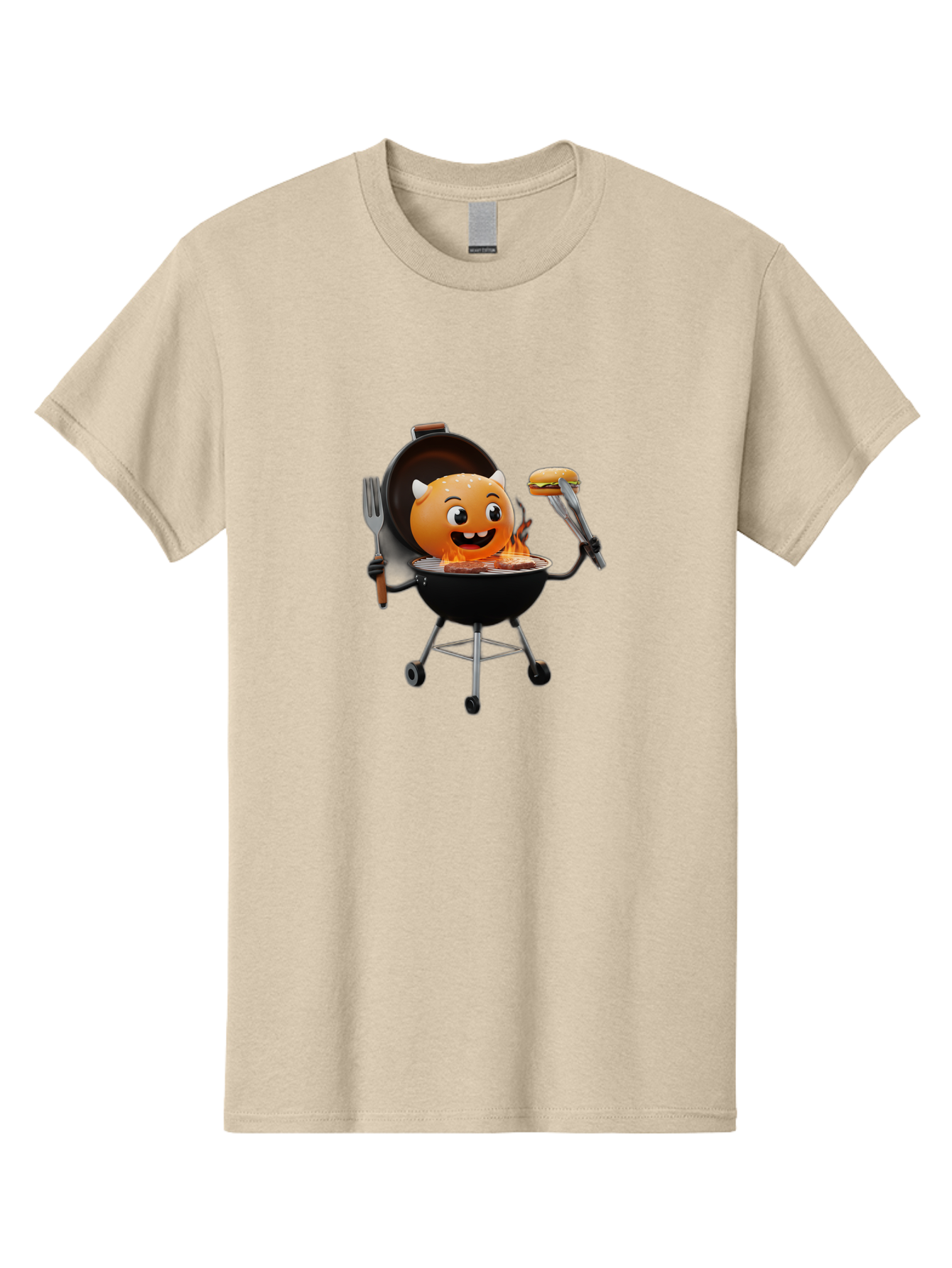 Hot-Sauce-Emoji-On-Bbq Men'S Graphic Tee, 100% Cotton, Comfortable Casual Summer Wear, Machine Washable, Smiling Emoji On Barbecue Grill, Barbecue Accessories, Fork And Tongs, Grilled Hamburger, Cartoon Character, Happy Face, Bac056