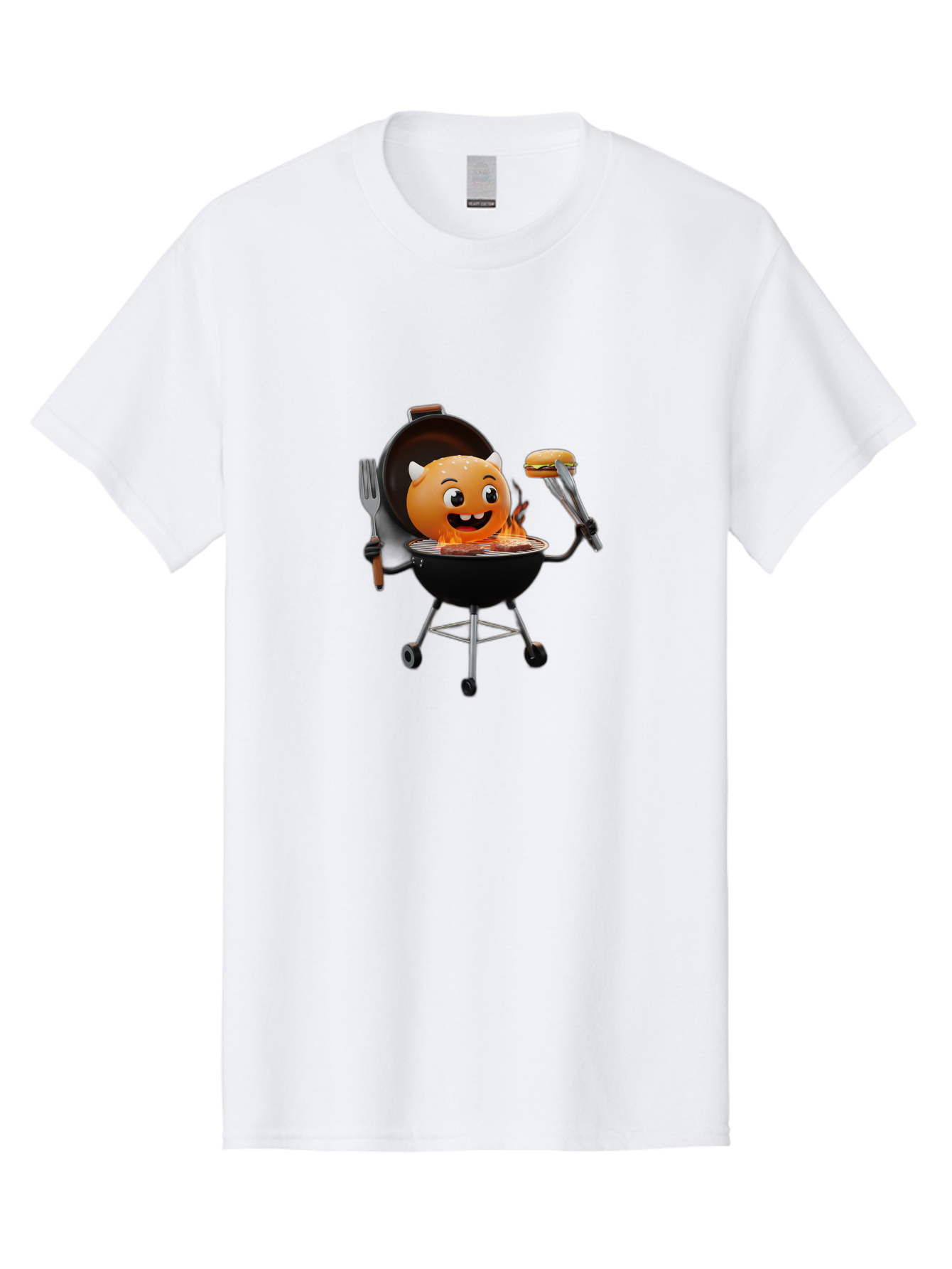 Hot-Sauce-Emoji-On-Bbq Men'S Graphic Tee, 100% Cotton, Comfortable Casual Summer Wear, Machine Washable, Smiling Emoji On Barbecue Grill, Barbecue Accessories, Fork And Tongs, Grilled Hamburger, Cartoon Character, Happy Face, Bac056
