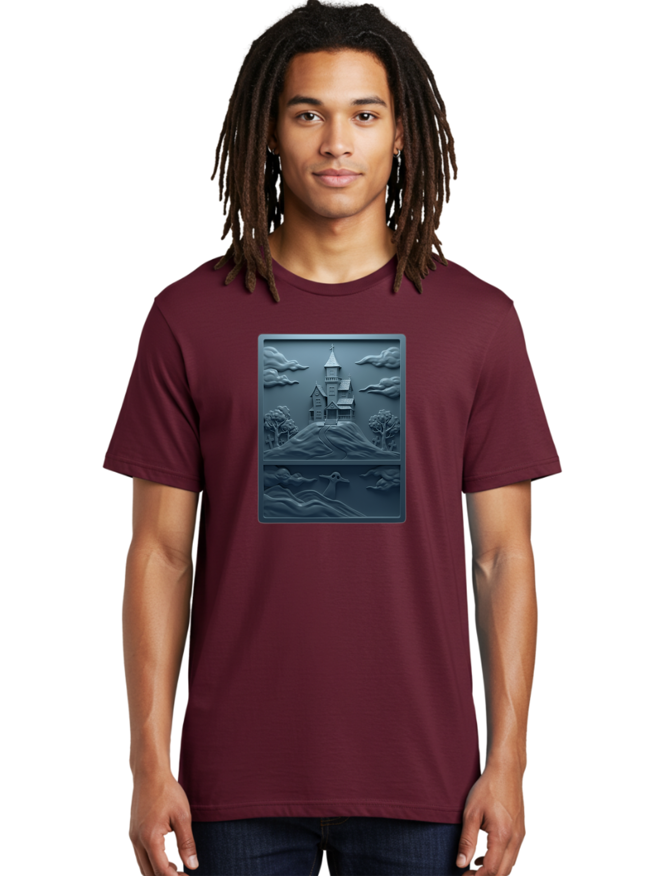 House-On-Hill Men'S Graphic Tee, 100% Cotton, Comfortable Casual Summer Wear, Machine Washable, House On Hill, Serene Landscape, Victorian Architecture, Peaceful Atmosphere, Rolling Hills, Scenic Beauty, Tranquil Scene, Natural Scenery, Bac057