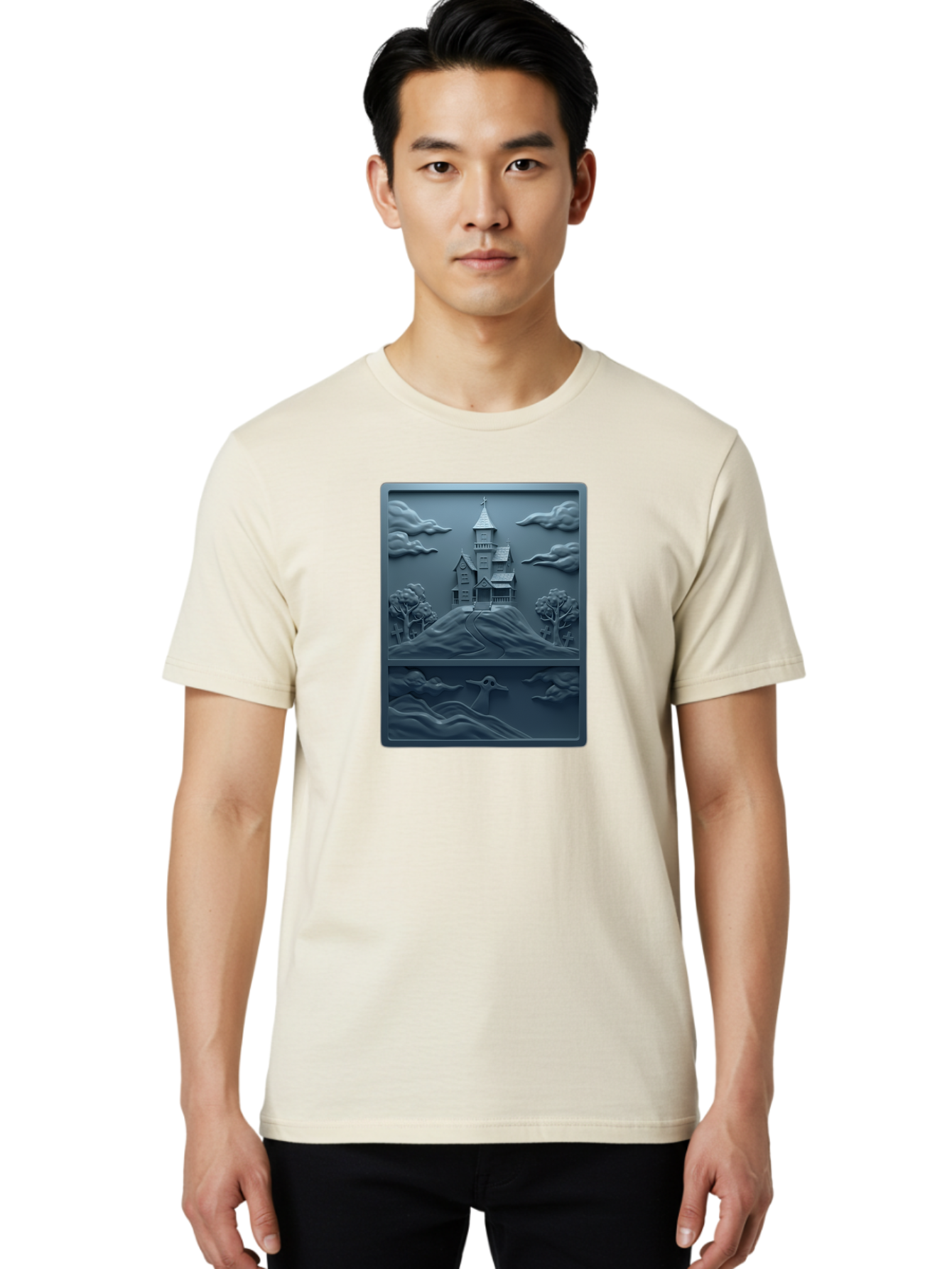 House-On-Hill Men'S Graphic Tee, 100% Cotton, Comfortable Casual Summer Wear, Machine Washable, House On Hill, Serene Landscape, Victorian Architecture, Peaceful Atmosphere, Rolling Hills, Scenic Beauty, Tranquil Scene, Natural Scenery, Bac057