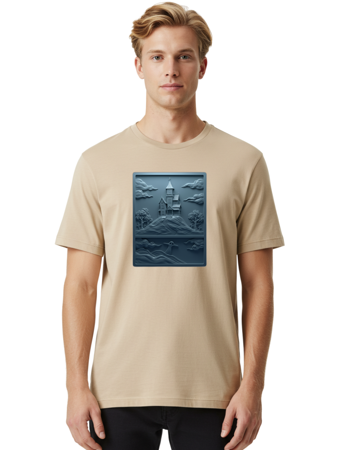 House-On-Hill Men'S Graphic Tee, 100% Cotton, Comfortable Casual Summer Wear, Machine Washable, House On Hill, Serene Landscape, Victorian Architecture, Peaceful Atmosphere, Rolling Hills, Scenic Beauty, Tranquil Scene, Natural Scenery, Bac057