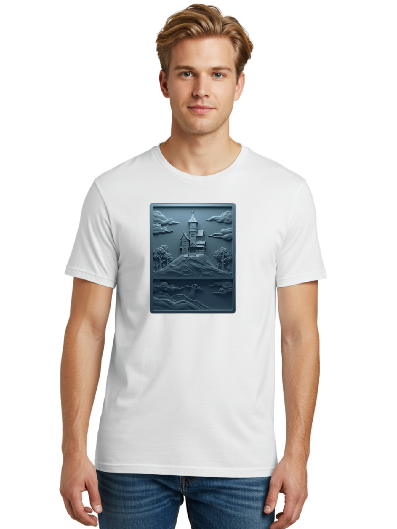 House-On-Hill Men'S Graphic Tee, 100% Cotton, Comfortable Casual Summer Wear, Machine Washable, House On Hill, Serene Landscape, Victorian Architecture, Peaceful Atmosphere, Rolling Hills, Scenic Beauty, Tranquil Scene, Natural Scenery, Bac057