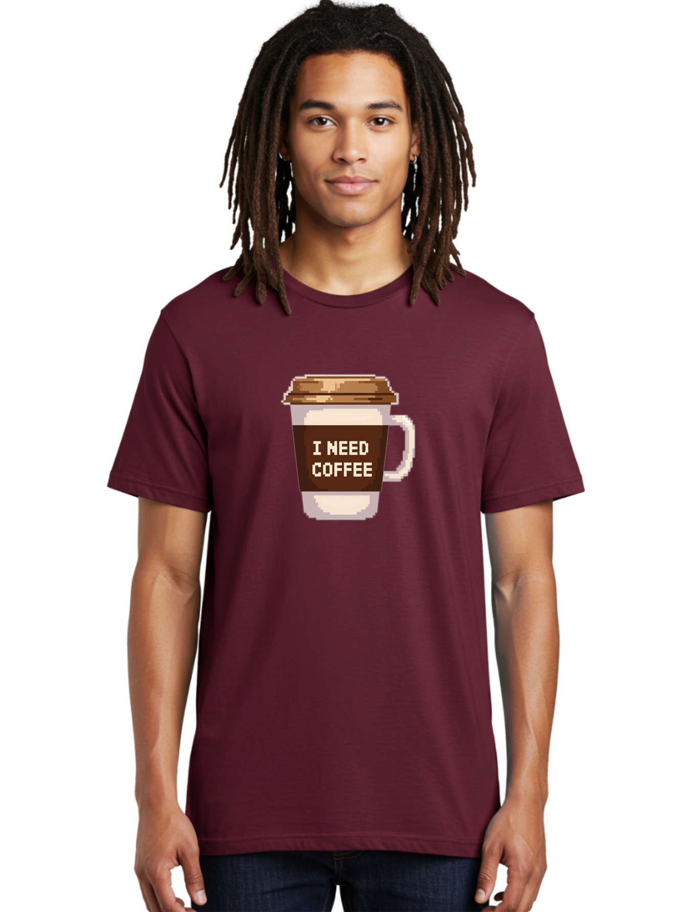 I-Need-Coffee-12 Men'S Graphic Tee, 100% Cotton, Comfortable Casual Summer Wear, Machine Washable, Coffee Cup, Coffee Sleeve, Pixel Art, Coffee Lover, Caffeine Fix, Morning Coffee, Coffee Addiction, Coffee Culture Bac061